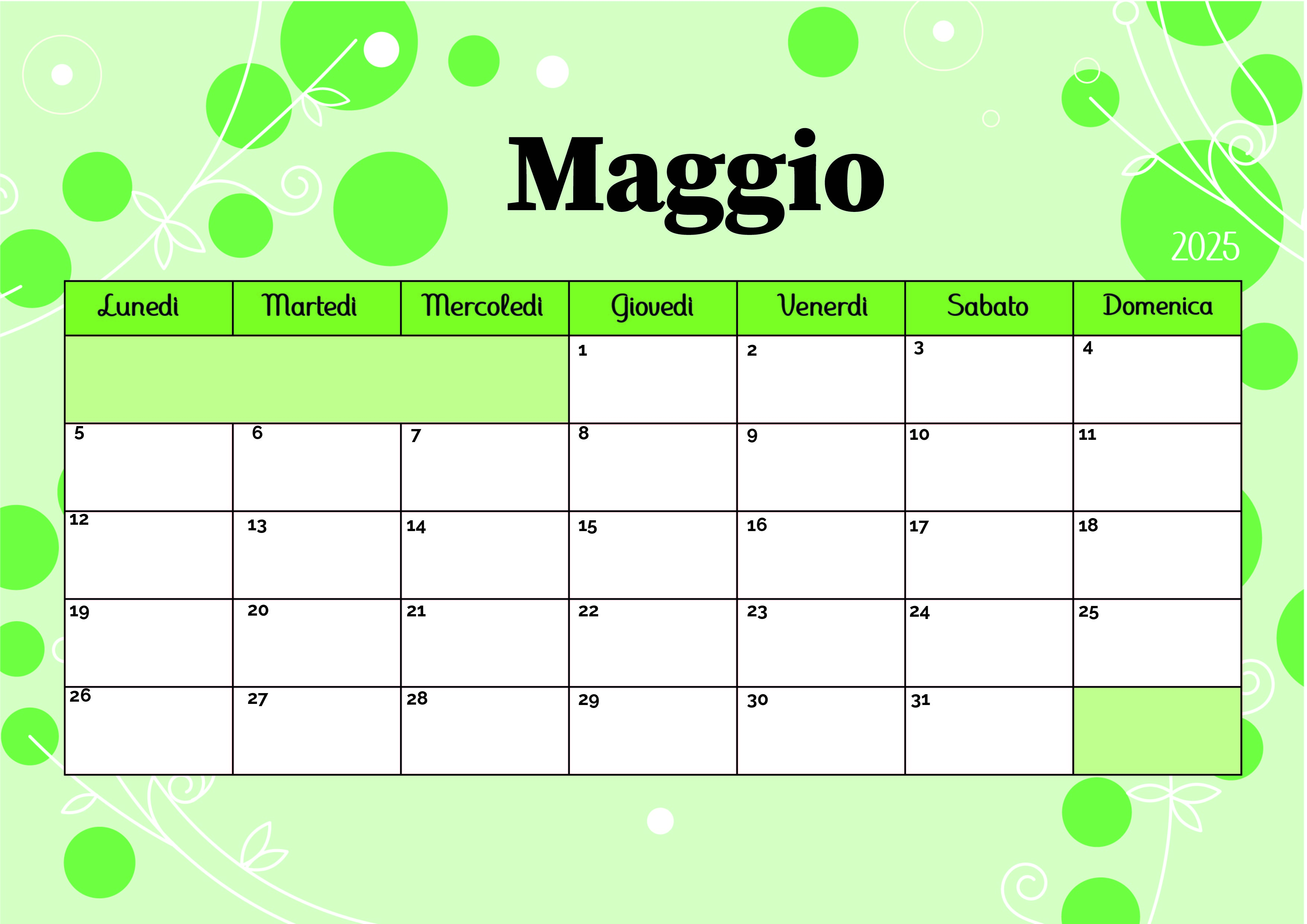 Calendario Maggio 2025 da stampare