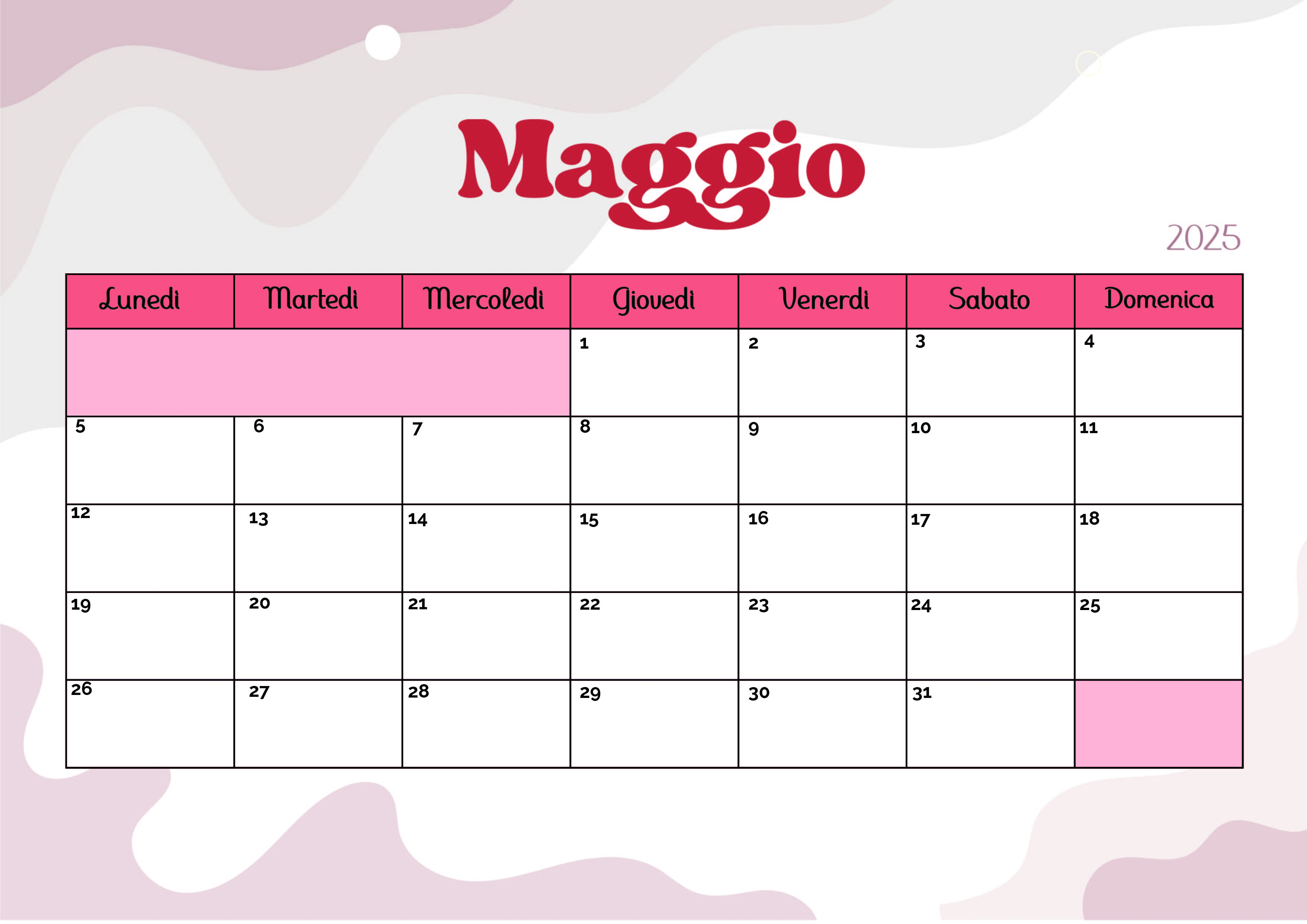 Calendario Maggio 2025 da stampare