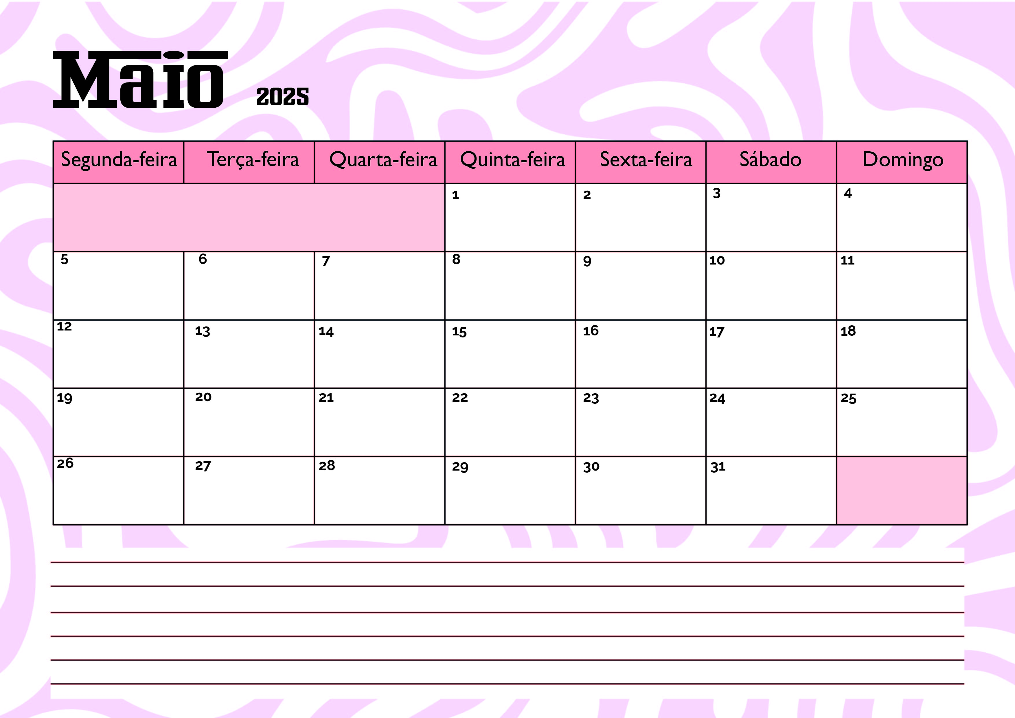 Calendário de Maio de 2025 para imprimir em PDF
