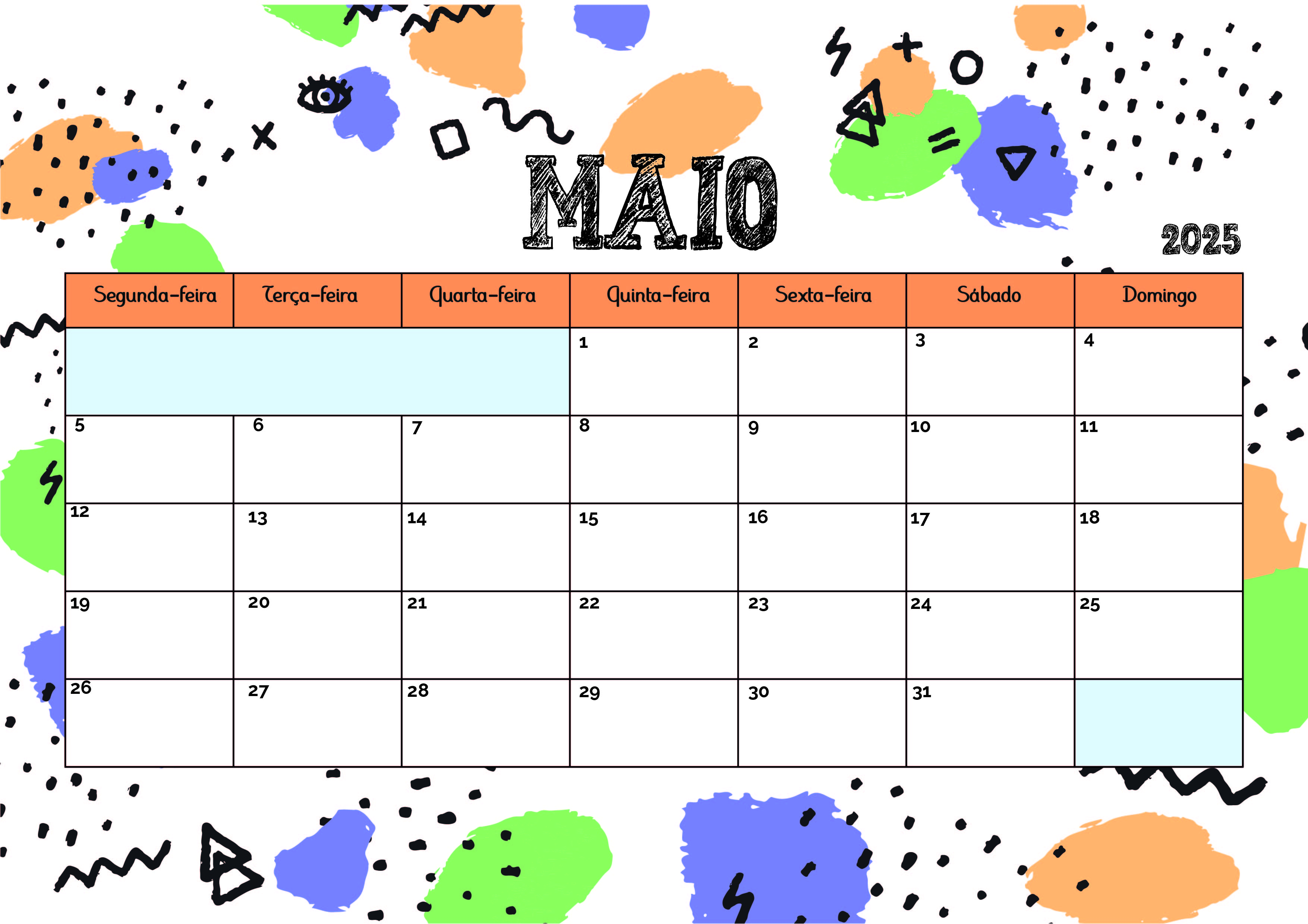 Calendário de Maio de 2025 para imprimir em PDF