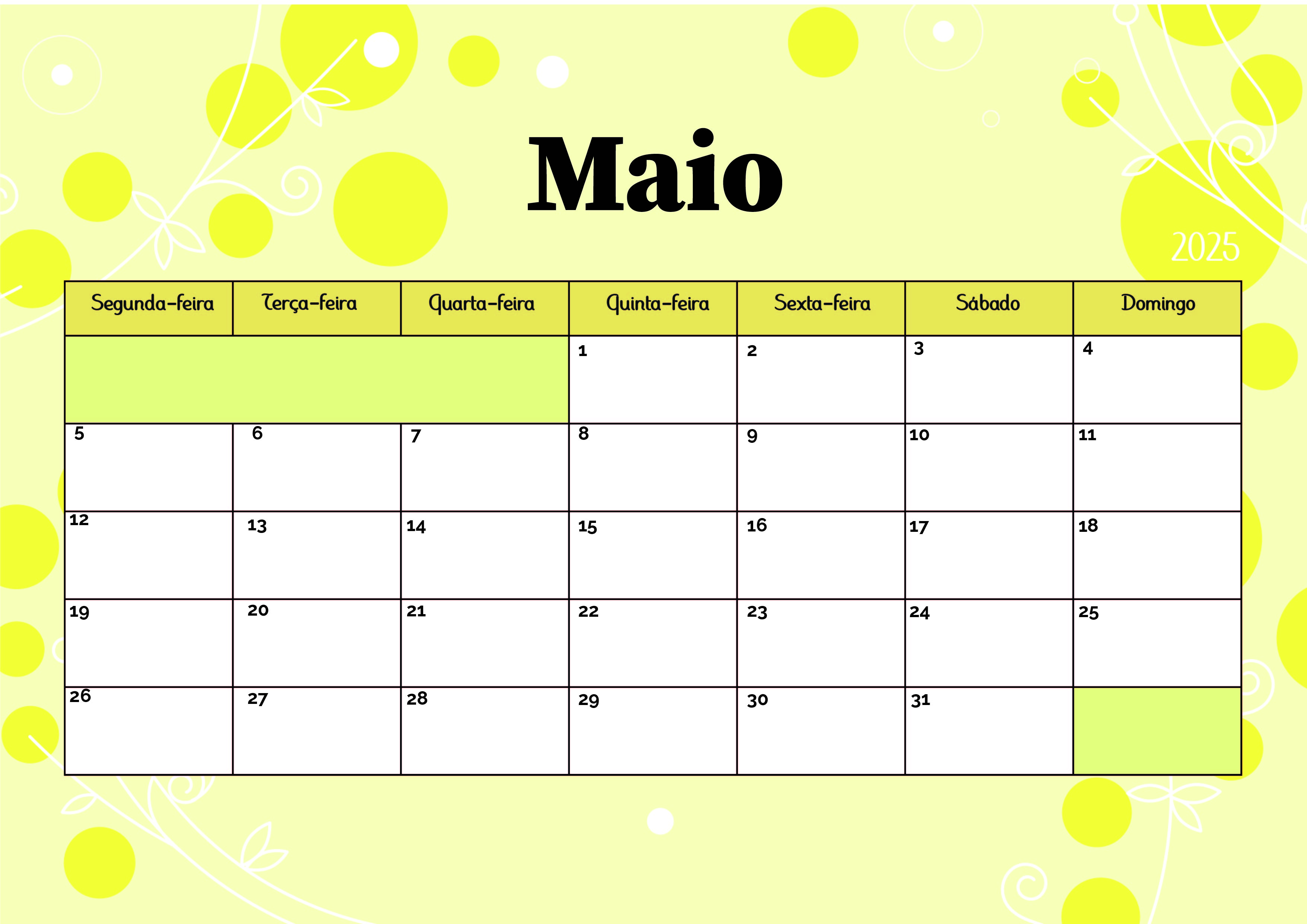 Calendário de Maio de 2025 para imprimir em PDF