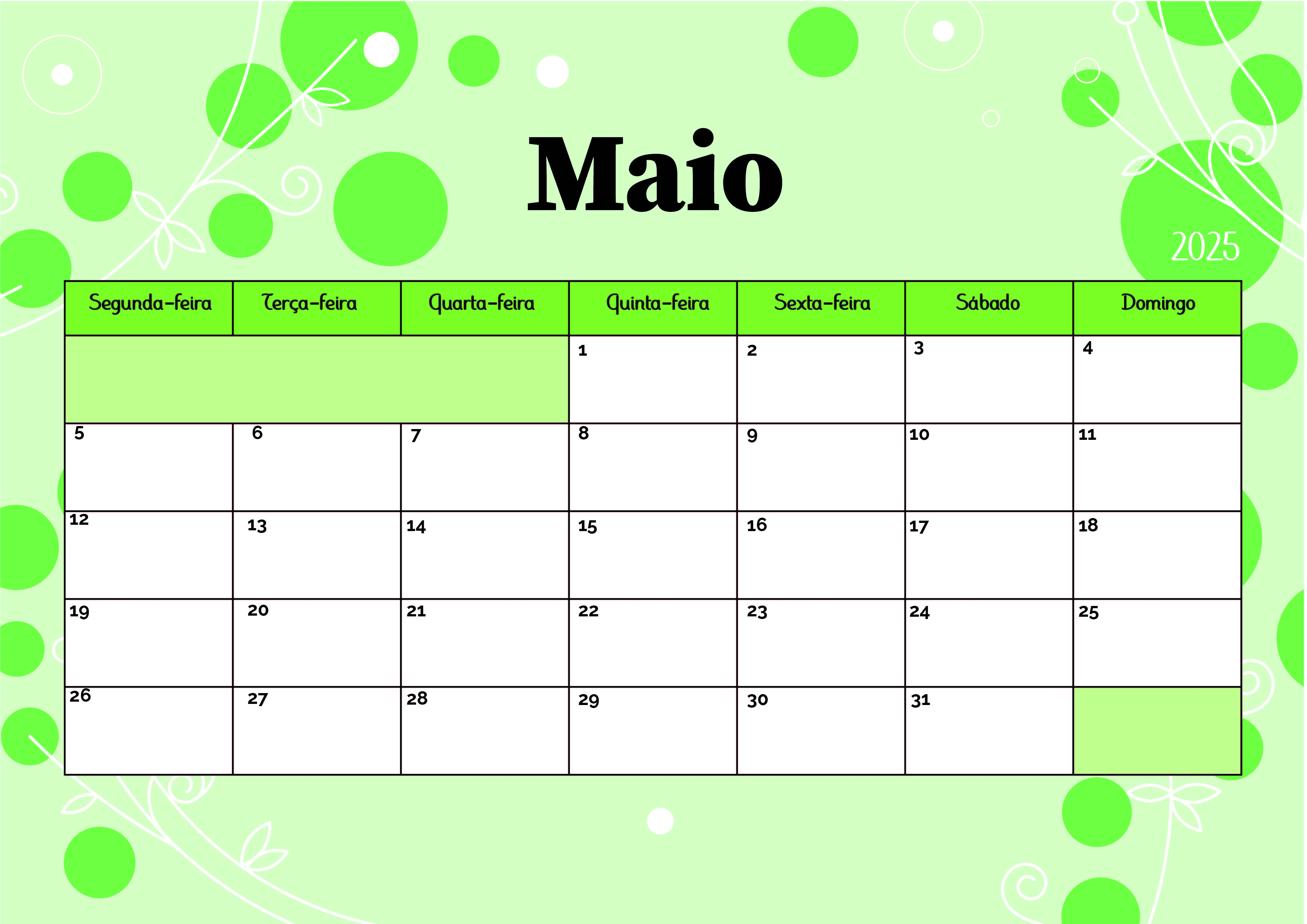 Calendário de Maio de 2025 para imprimir em PDF