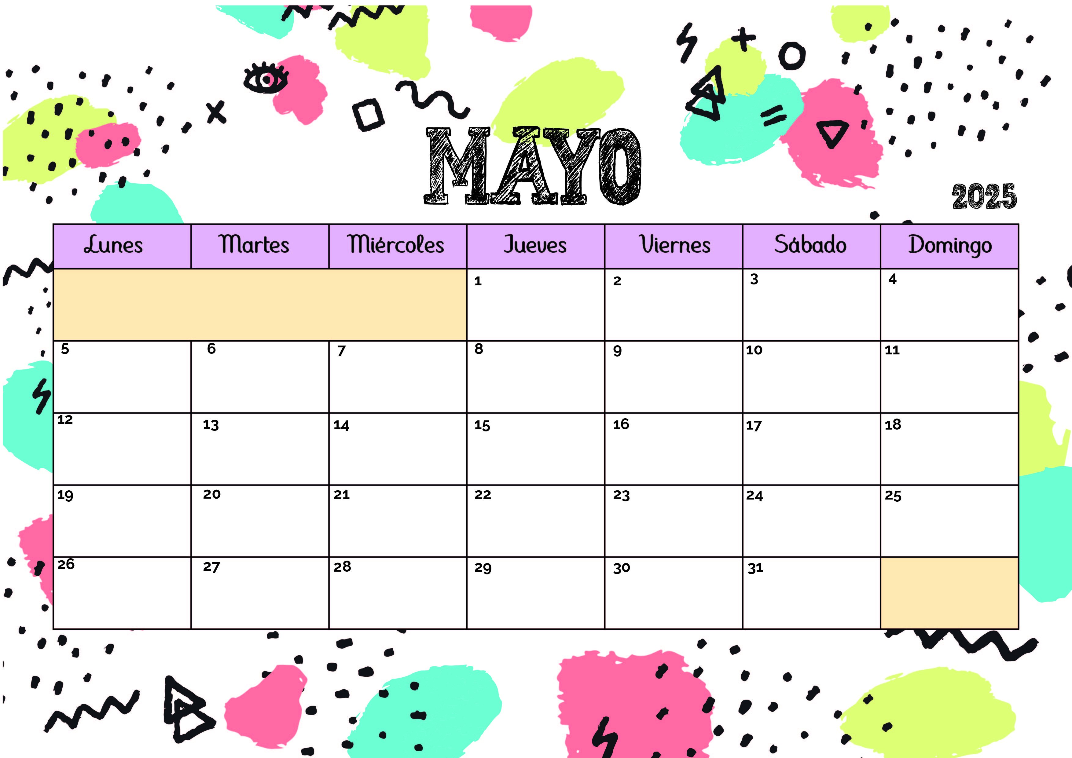 Calendario de Mayo 2025 para imprimir en PDF