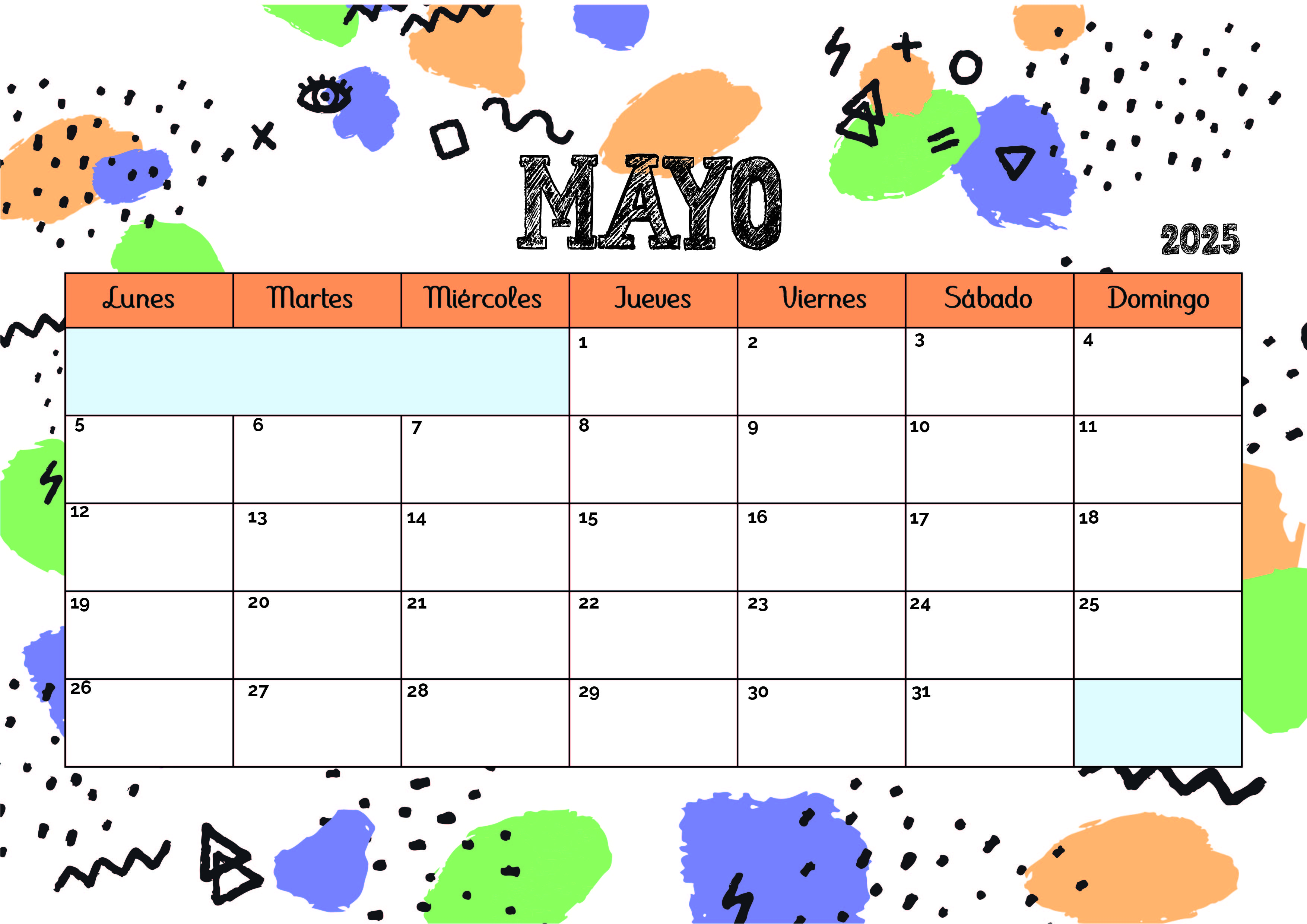 Calendario de Mayo 2025 para imprimir en PDF