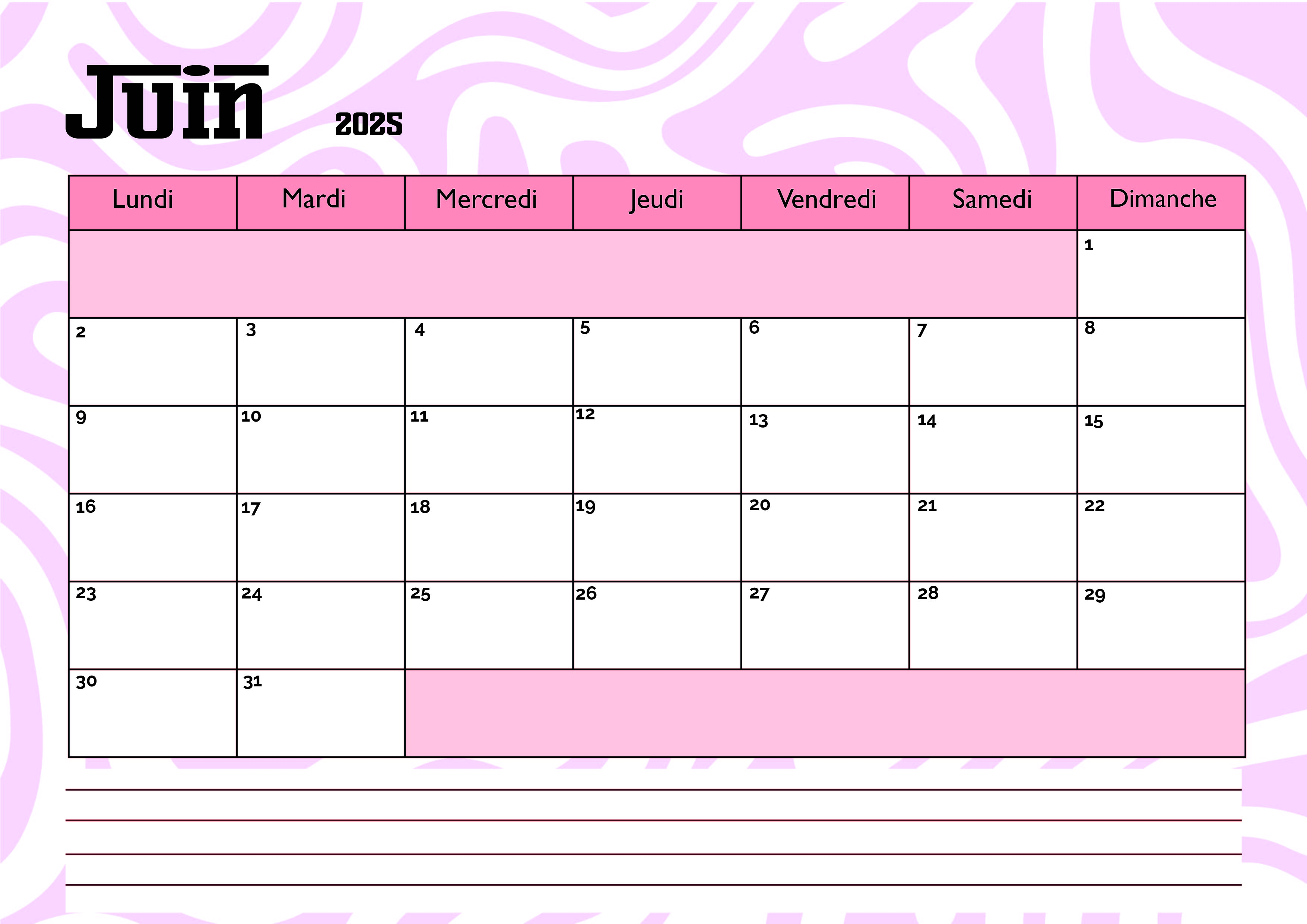 Calendrier de Juin 2025 à imprimer en PDF
