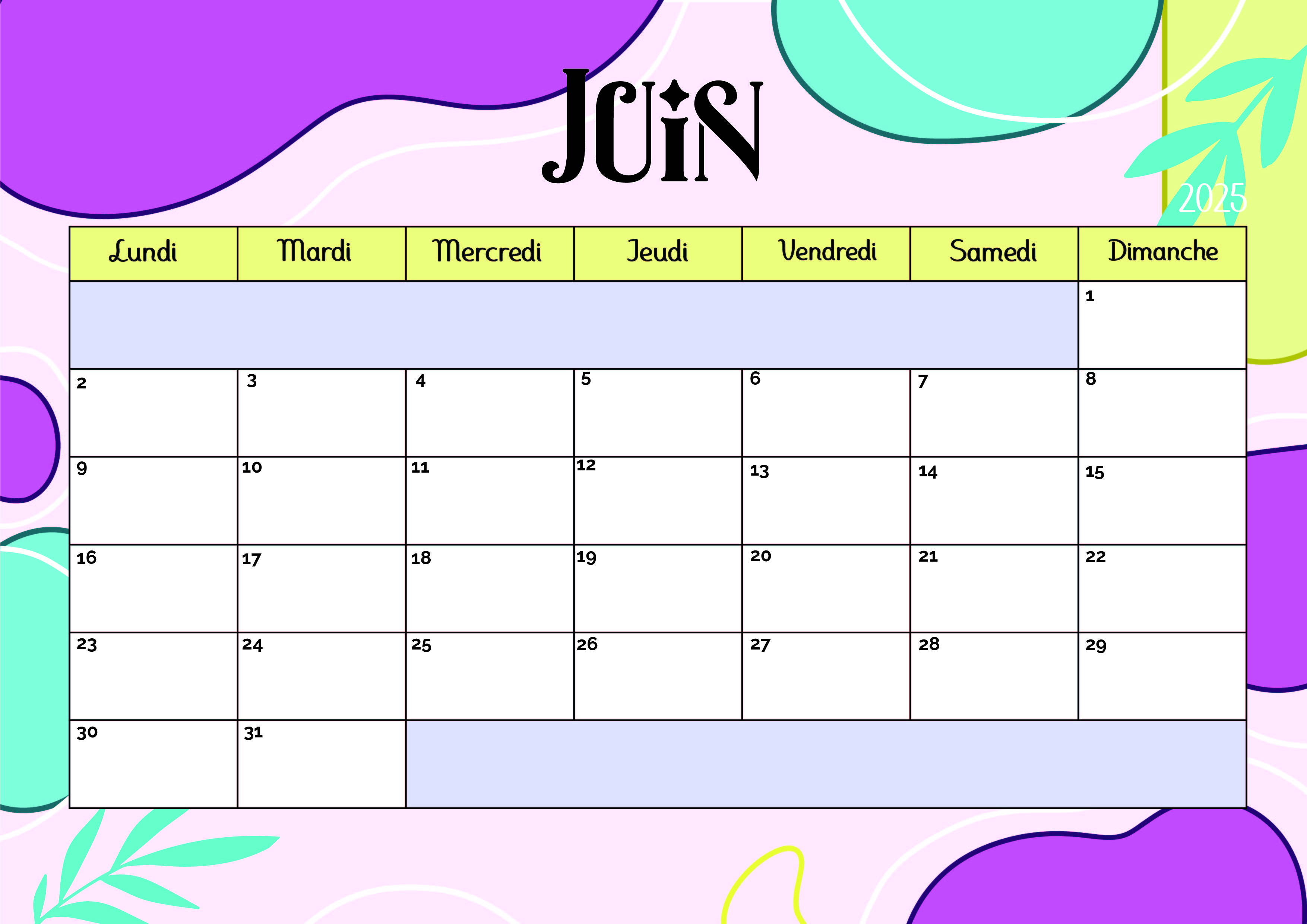 Calendrier Juin 2025 à imprimer