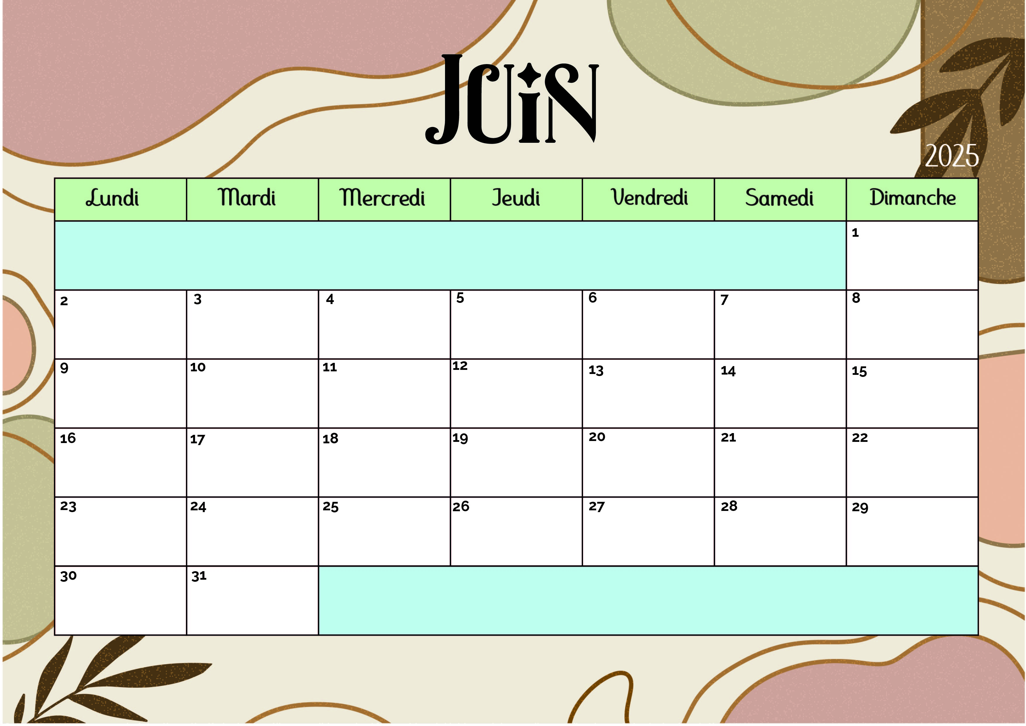 Calendrier Juin 2025 à imprimer