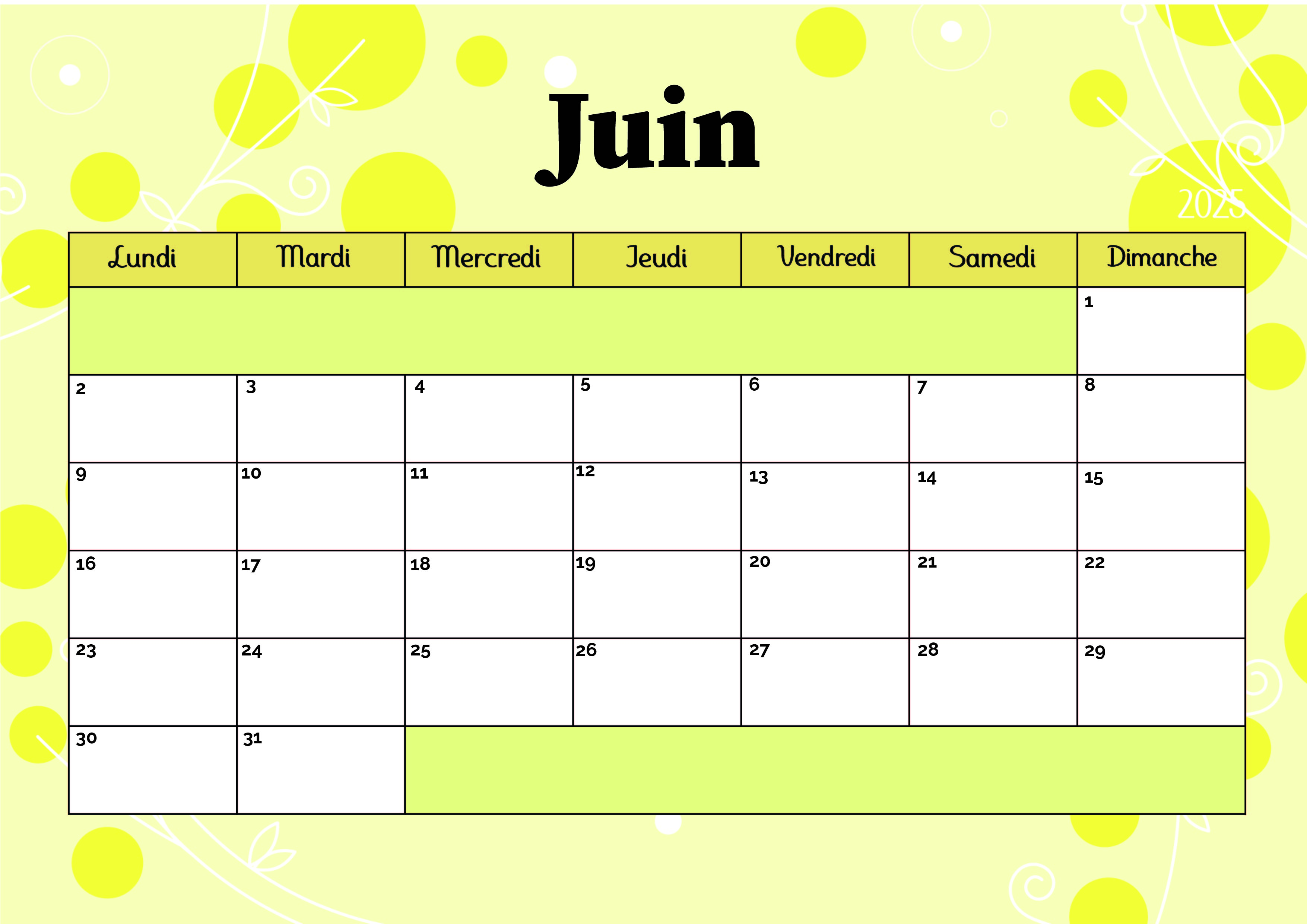 Calendrier de Juin 2025 à imprimer en PDF