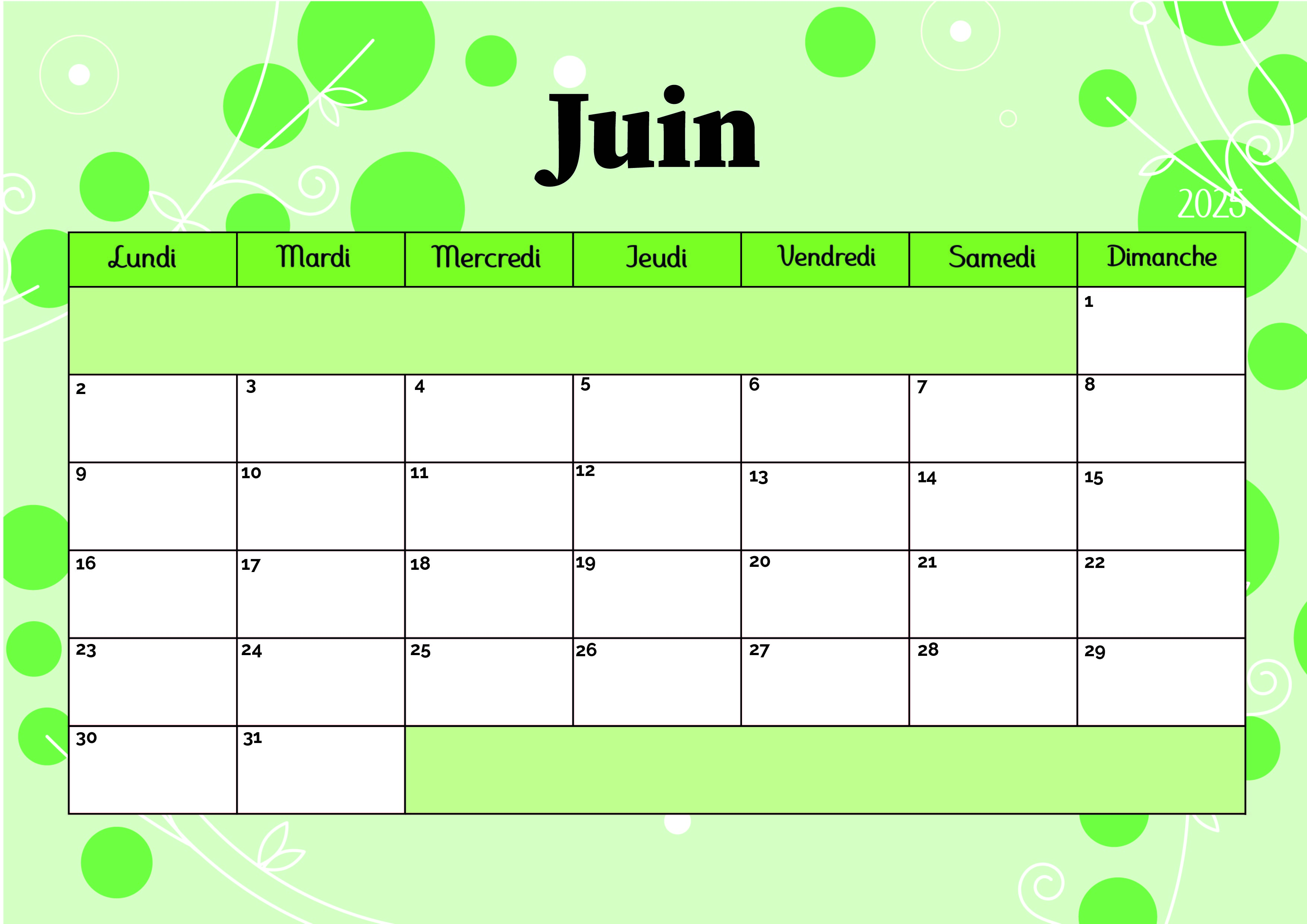 Calendrier de Juin 2025 à imprimer en PDF