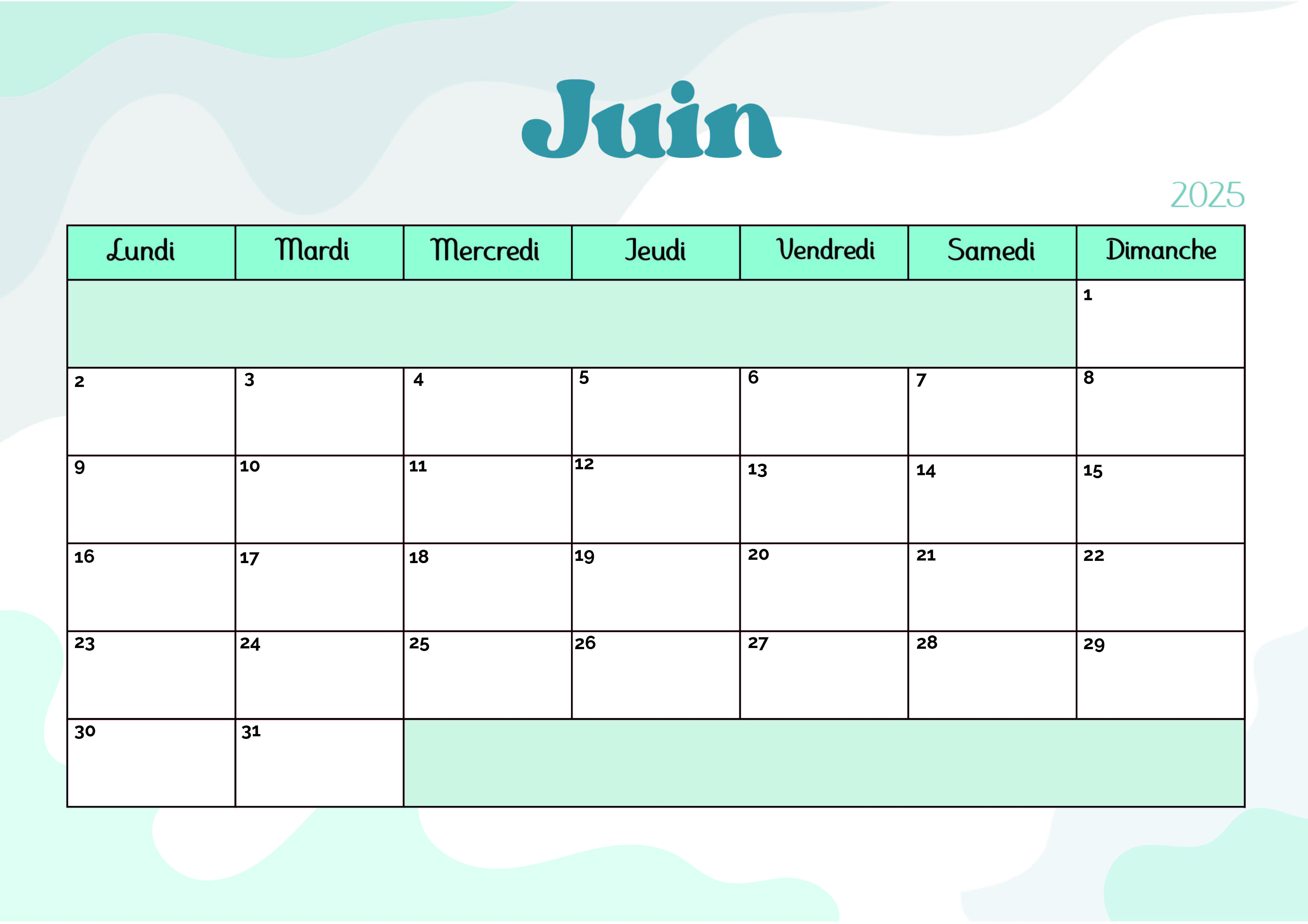 Calendrier Juin 2025 à imprimer