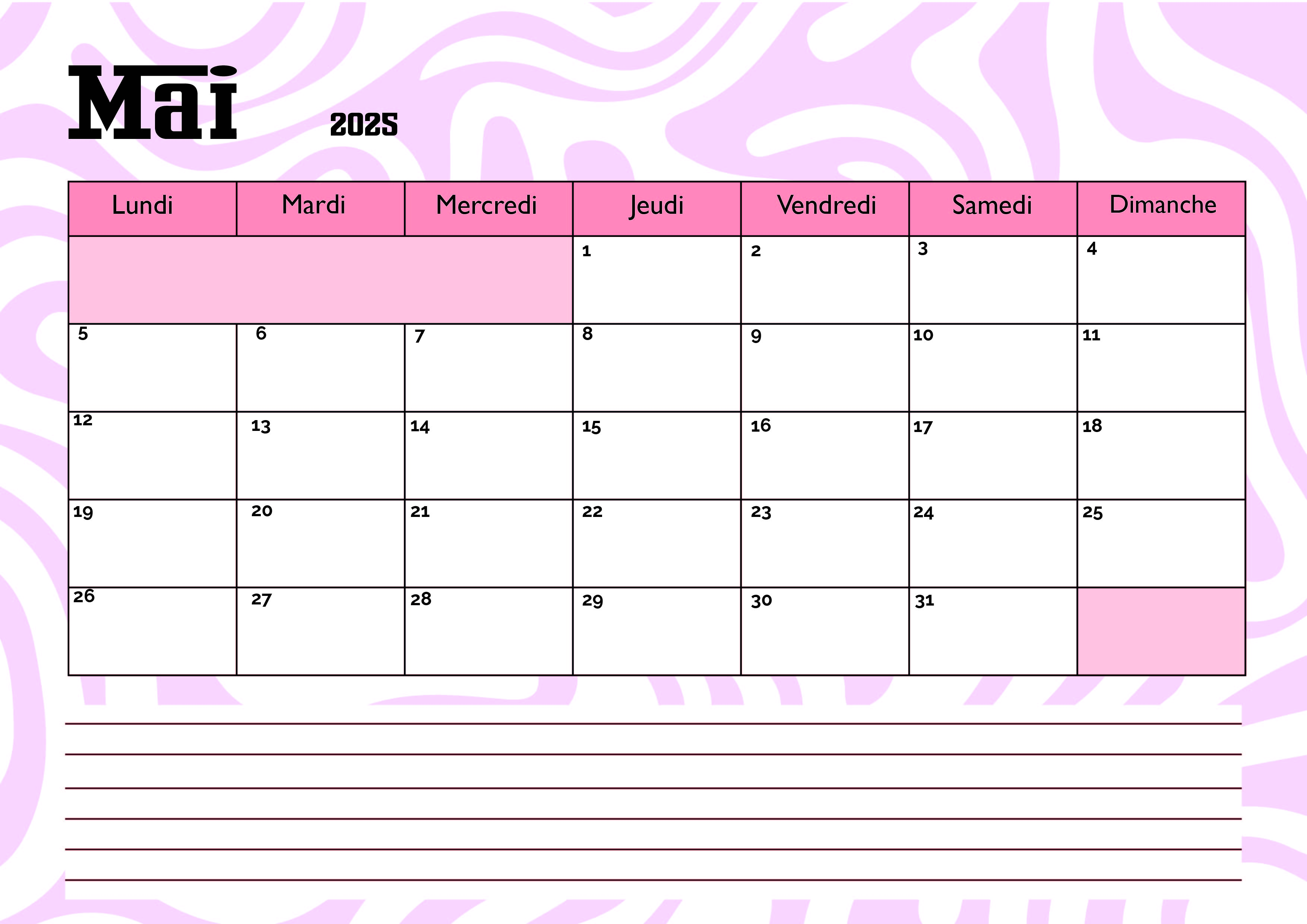 Calendrier de Mai 2025 à imprimer en PDF