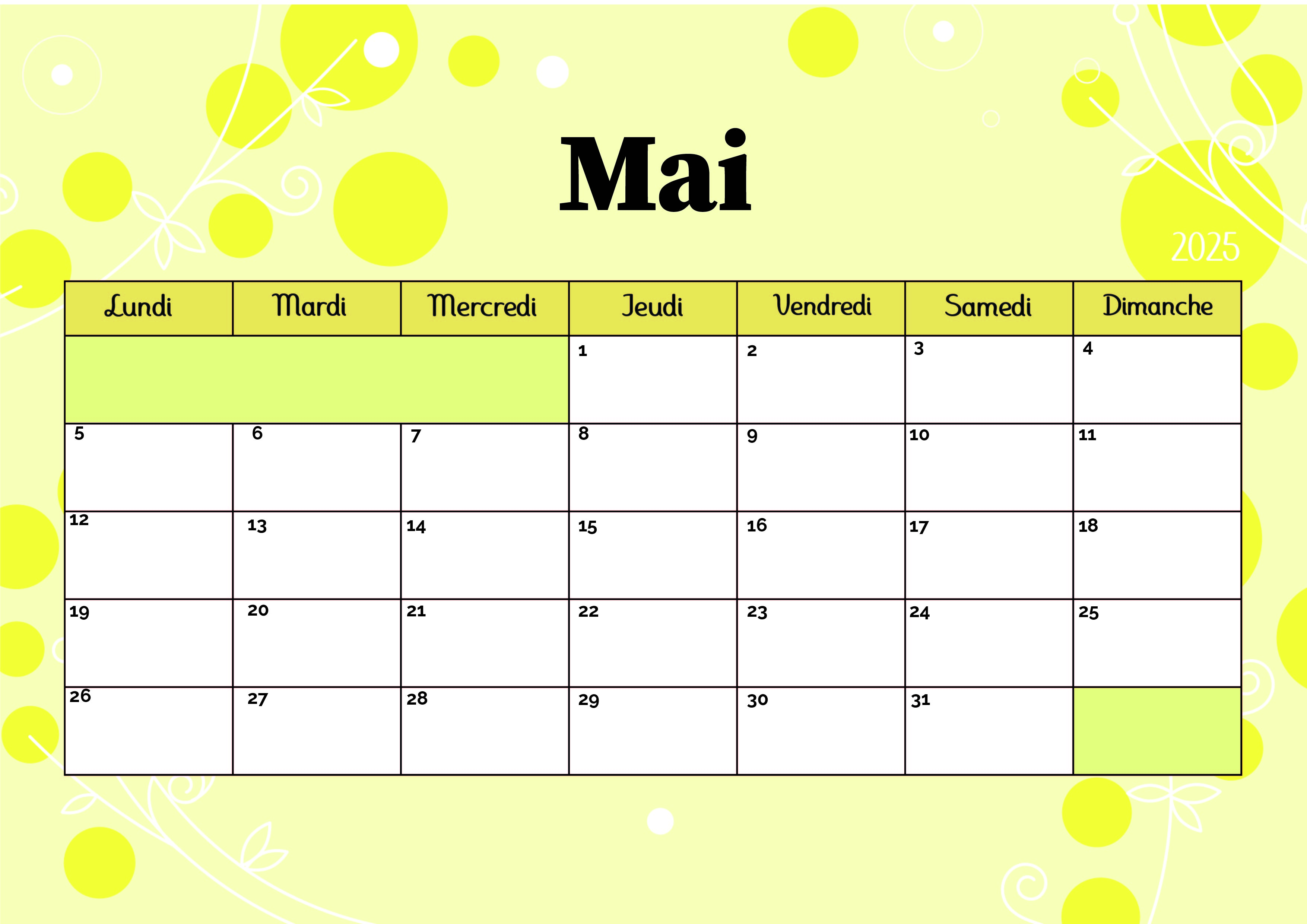 Calendrier de Mai 2025 à imprimer en PDF