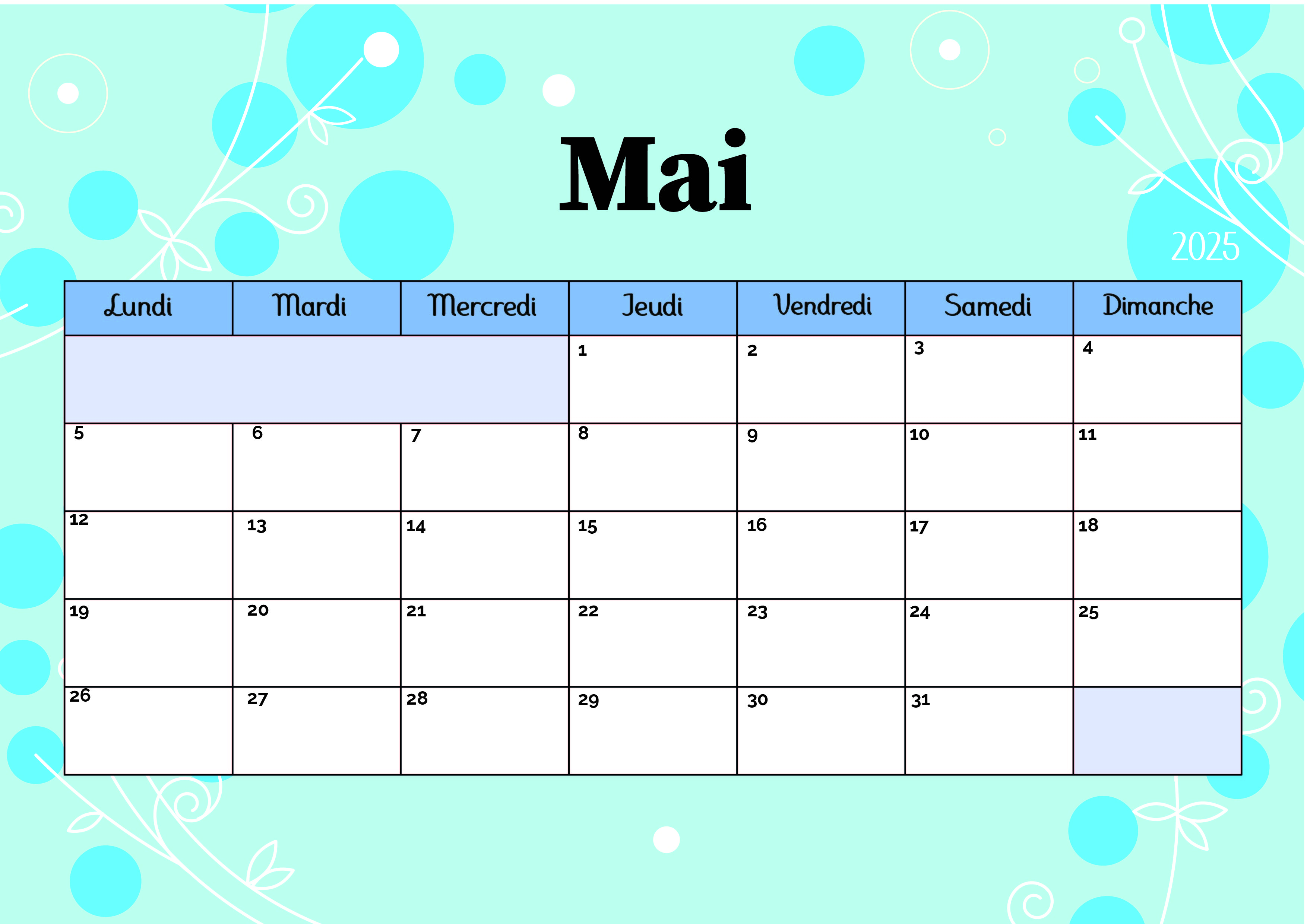 Calendrier de Mai 2025 à imprimer en PDF