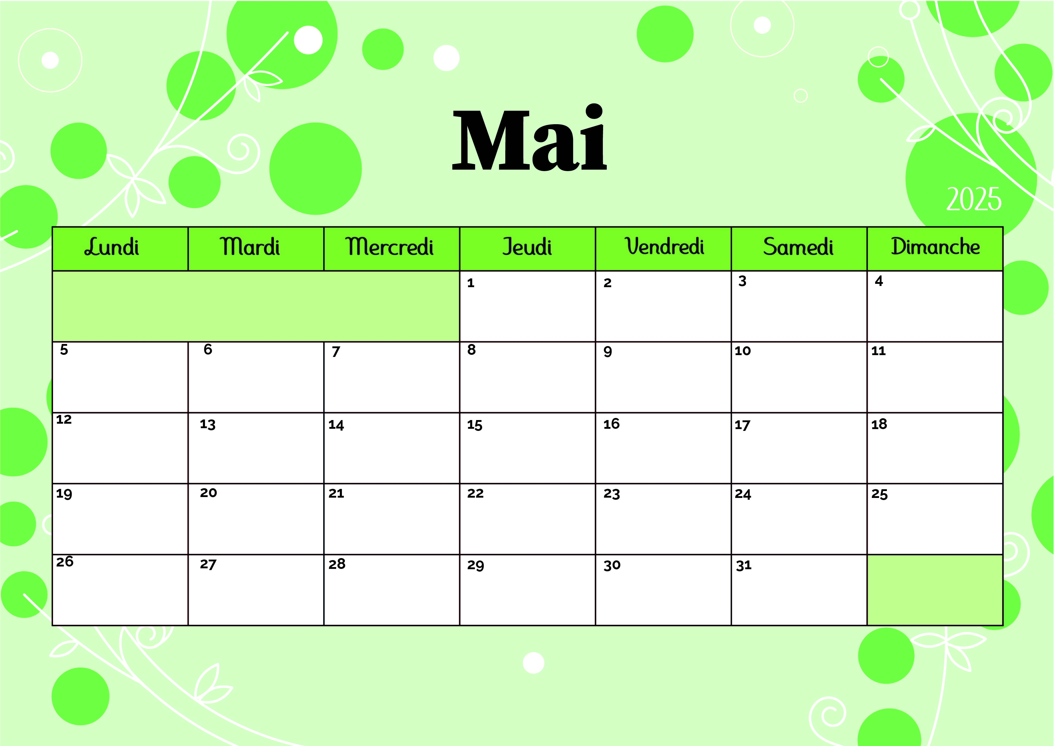 Calendrier de Mai 2025 à imprimer en PDF