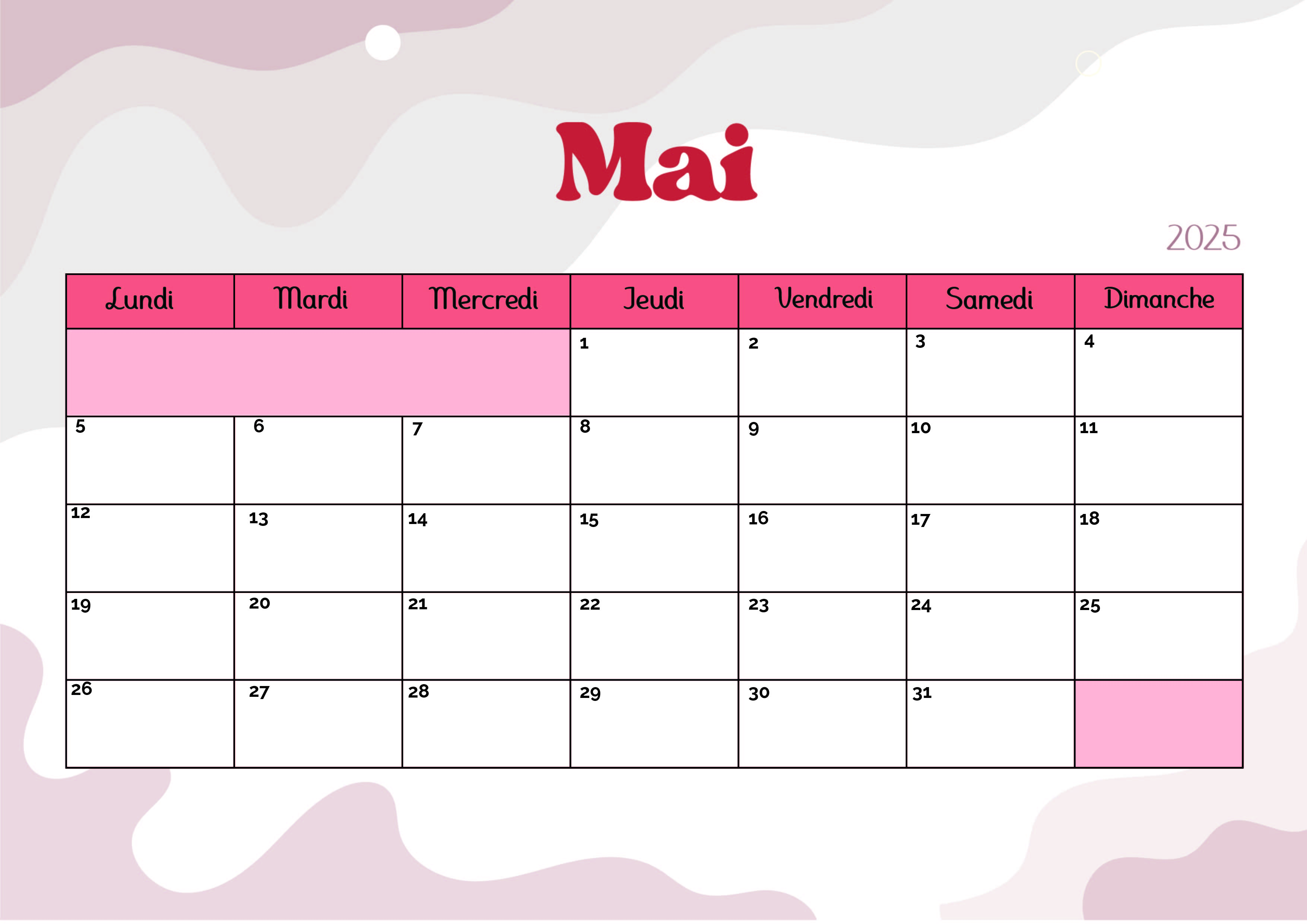 Calendrier de Mai 2025 à imprimer en PDF