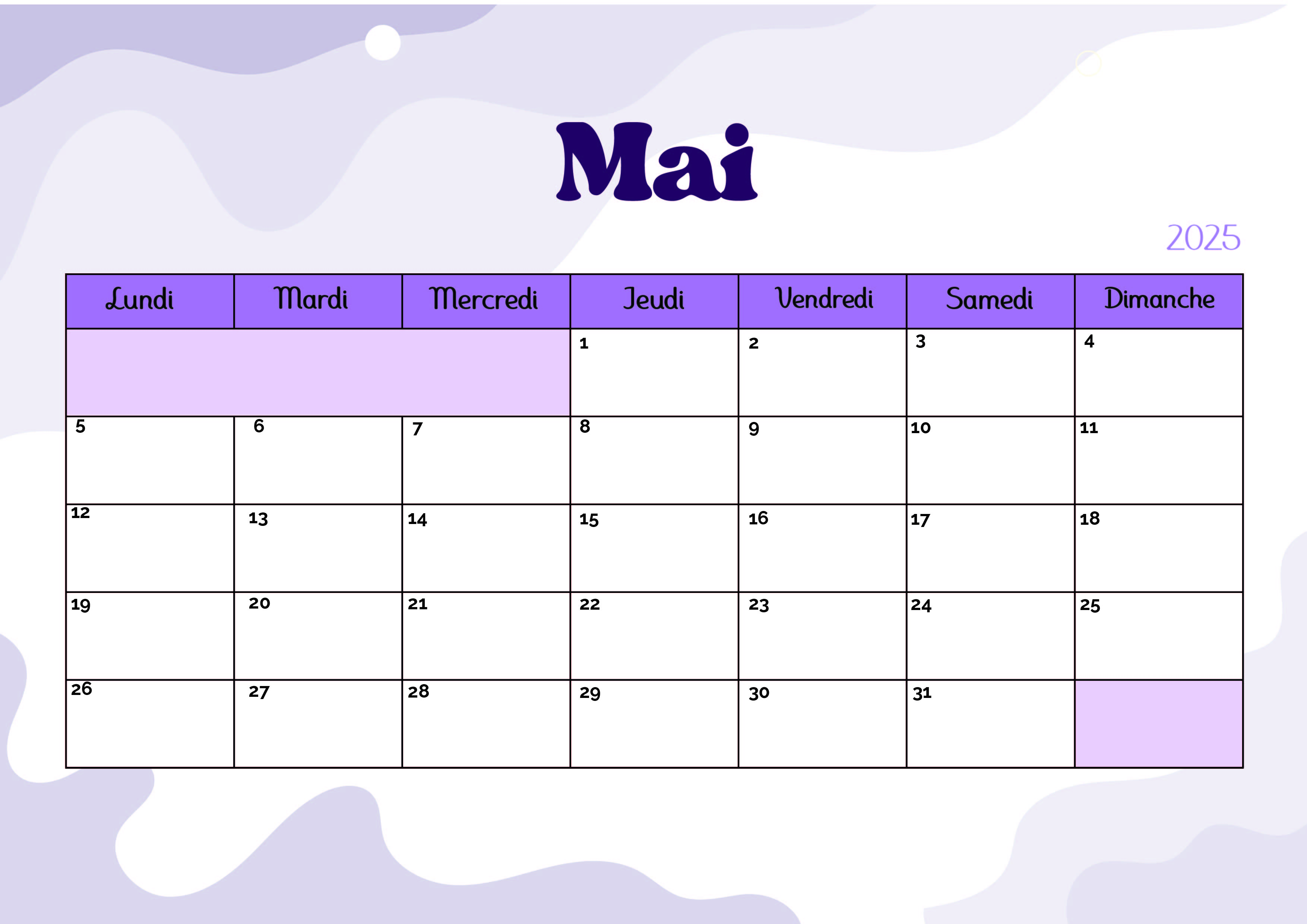 Calendrier de Mai 2025 à imprimer en PDF