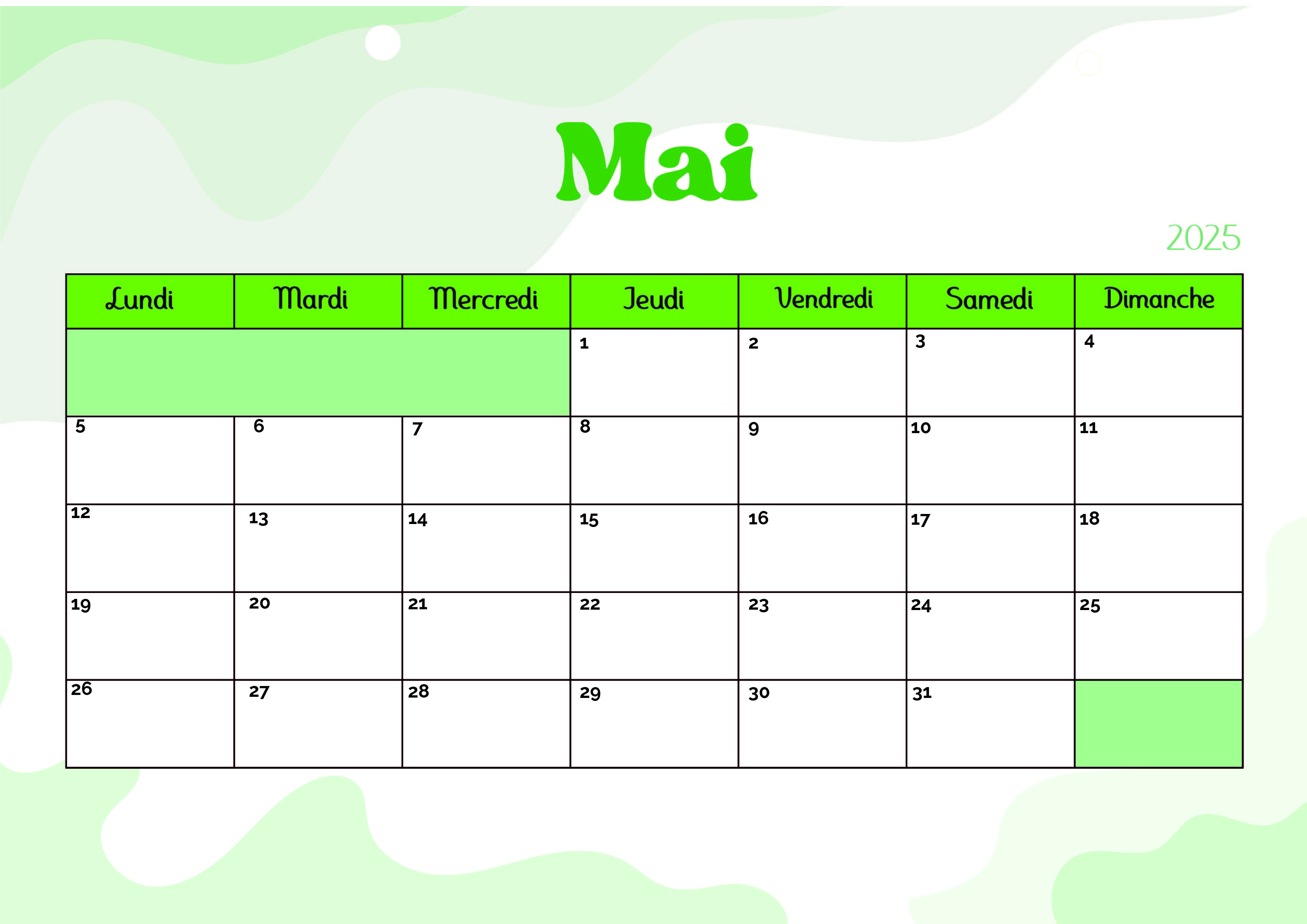 Calendrier de Mai 2025 à imprimer en PDF