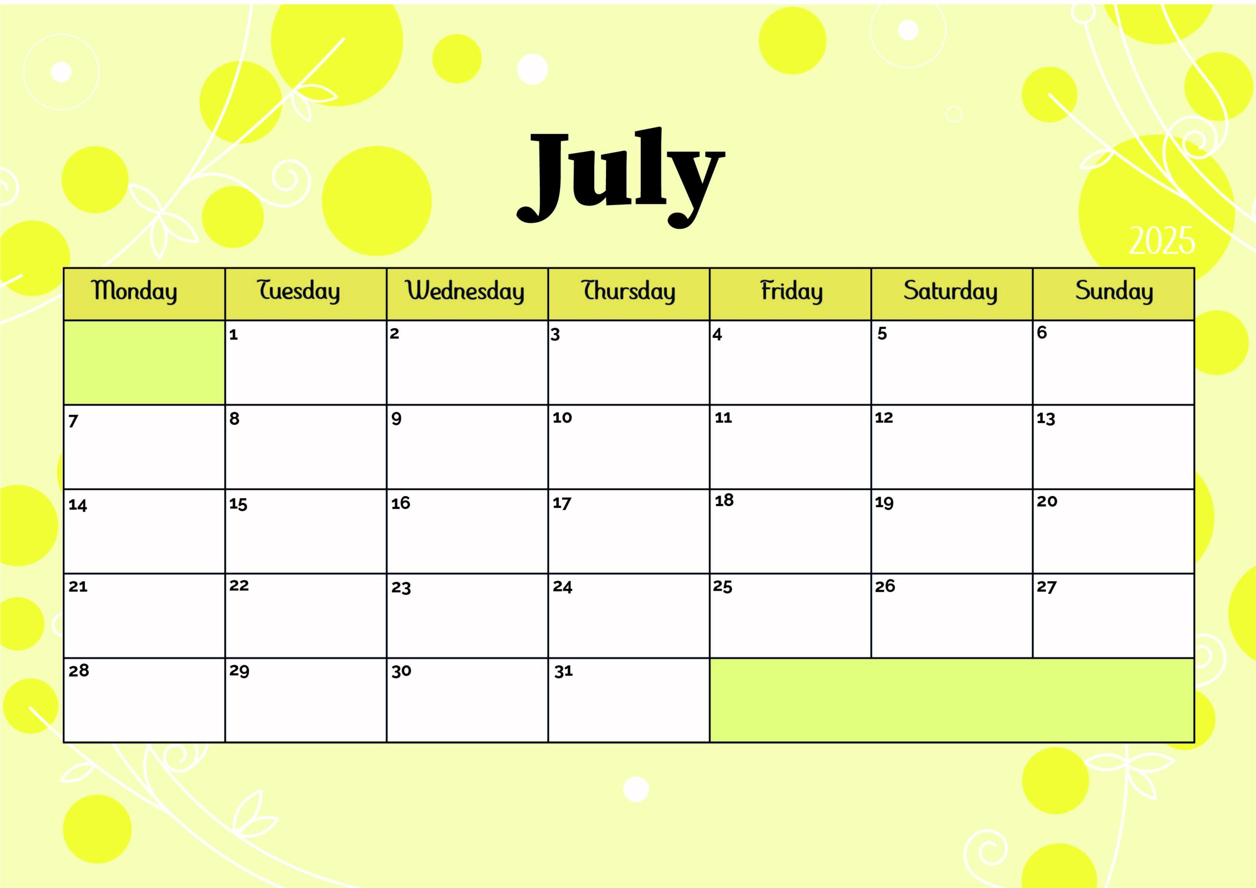 July 2025 Calendar for Printing