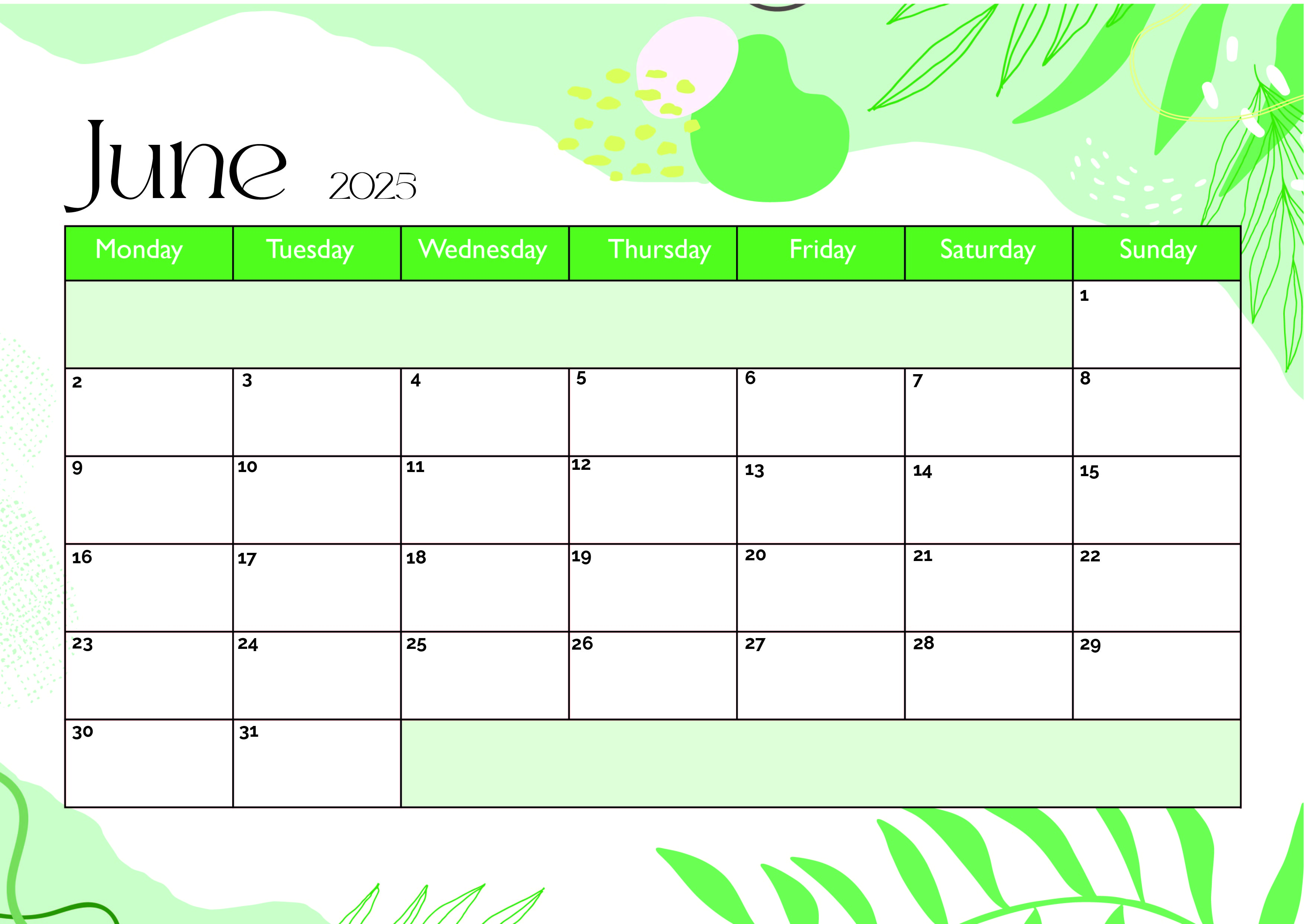 June 2025 Calendar for Printing