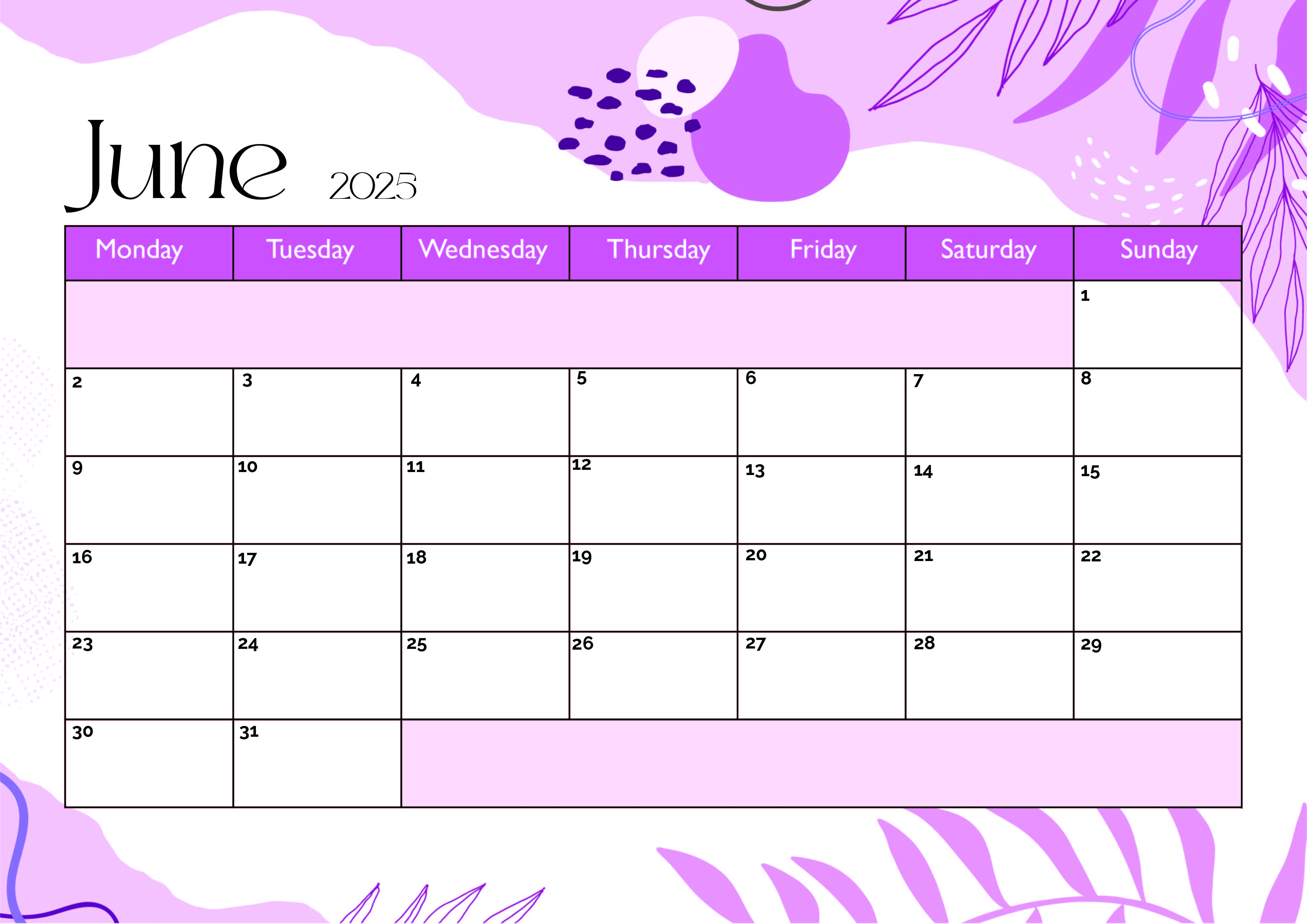 June 2025 Calendar for Printing