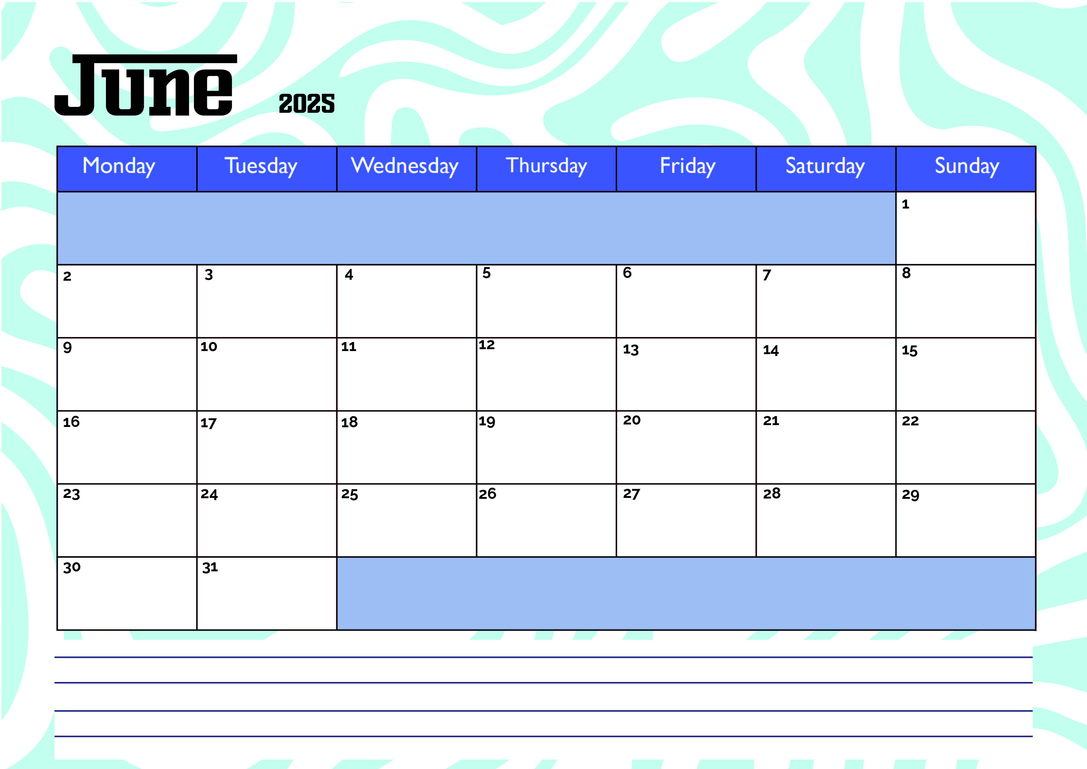 June 2025 Calendar for Printing