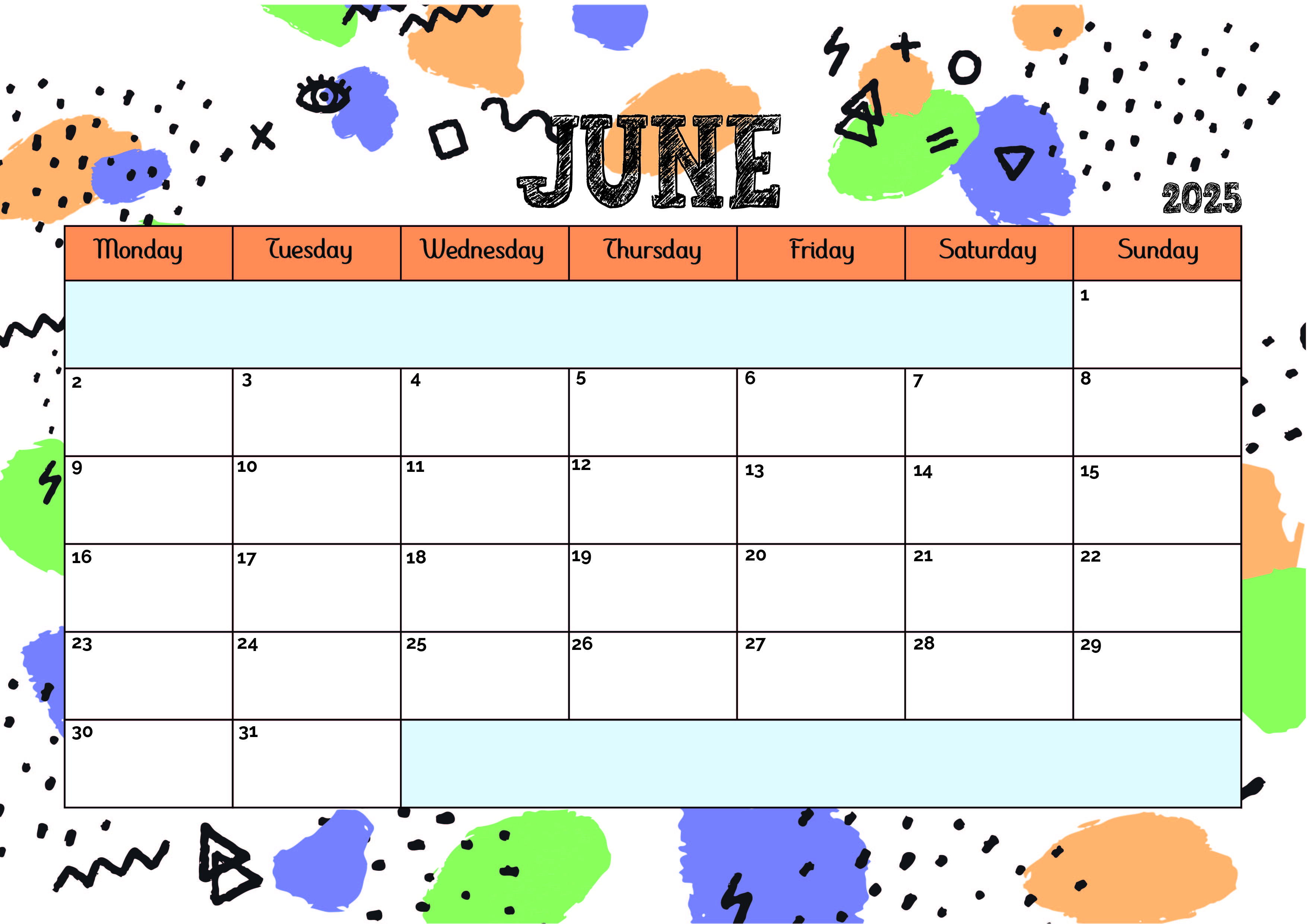 June 2025 Calendar for Printing in PDF