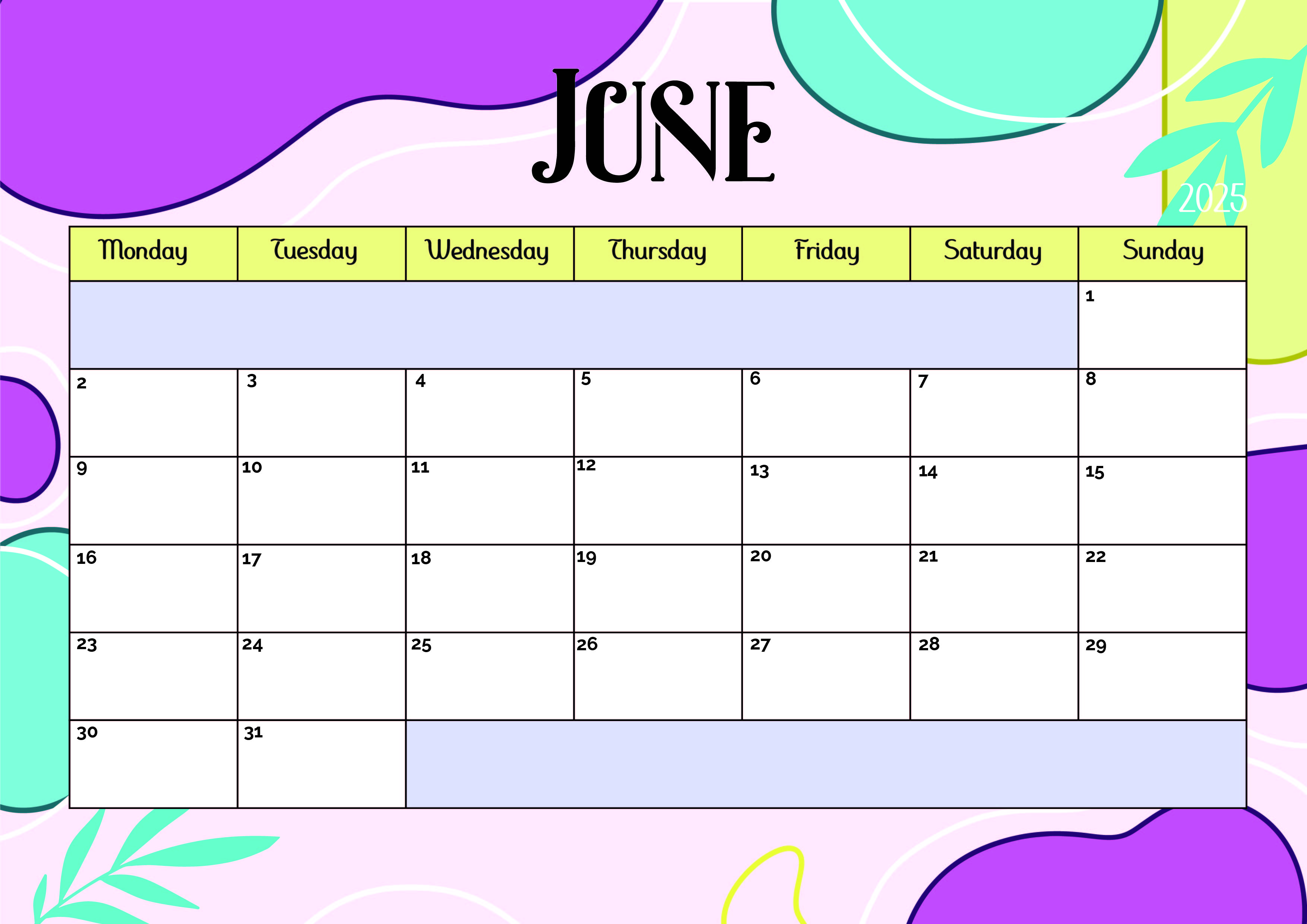 June 2025 Calendar for Printing in PDF