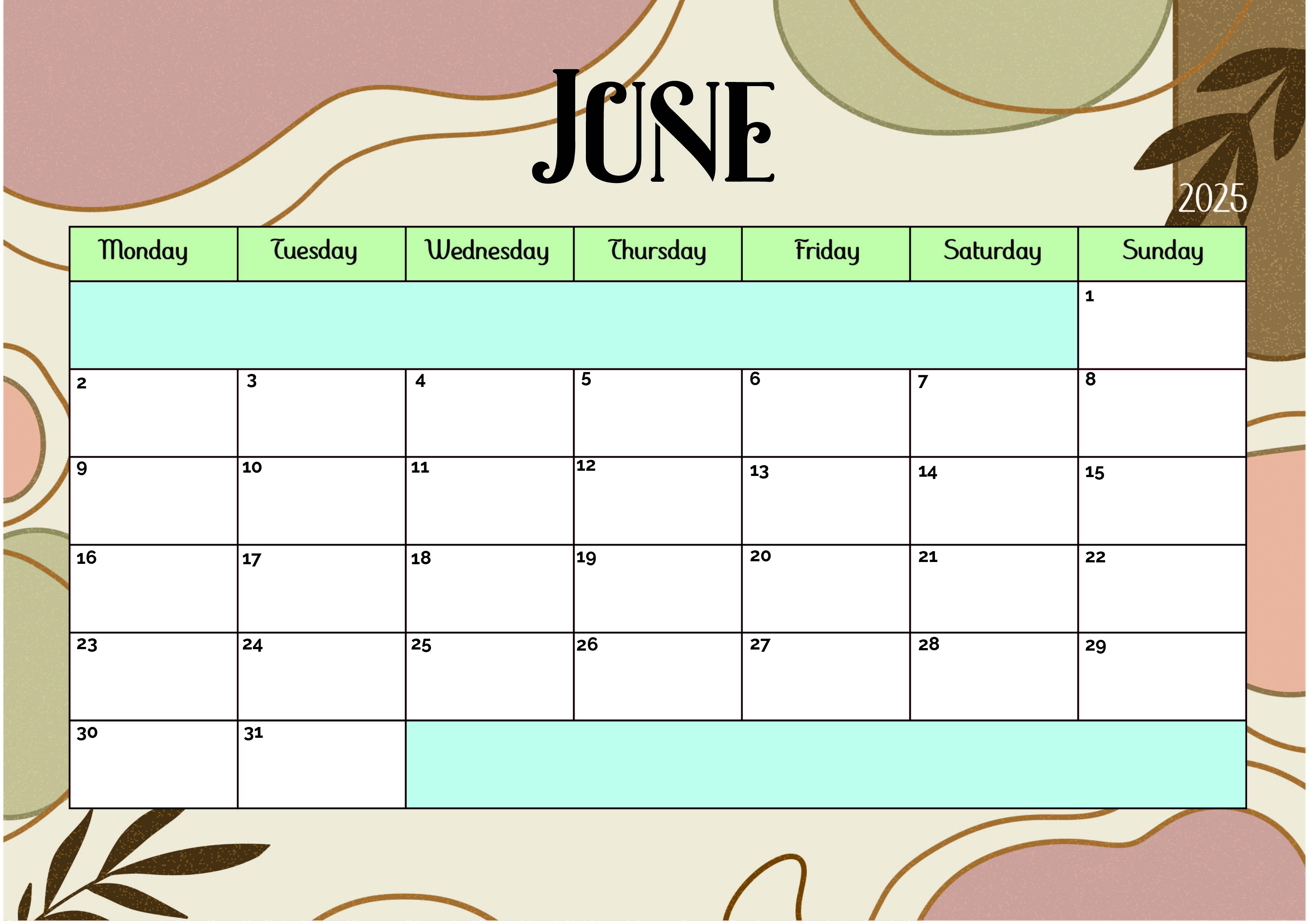 June 2025 Calendar for Printing in PDF