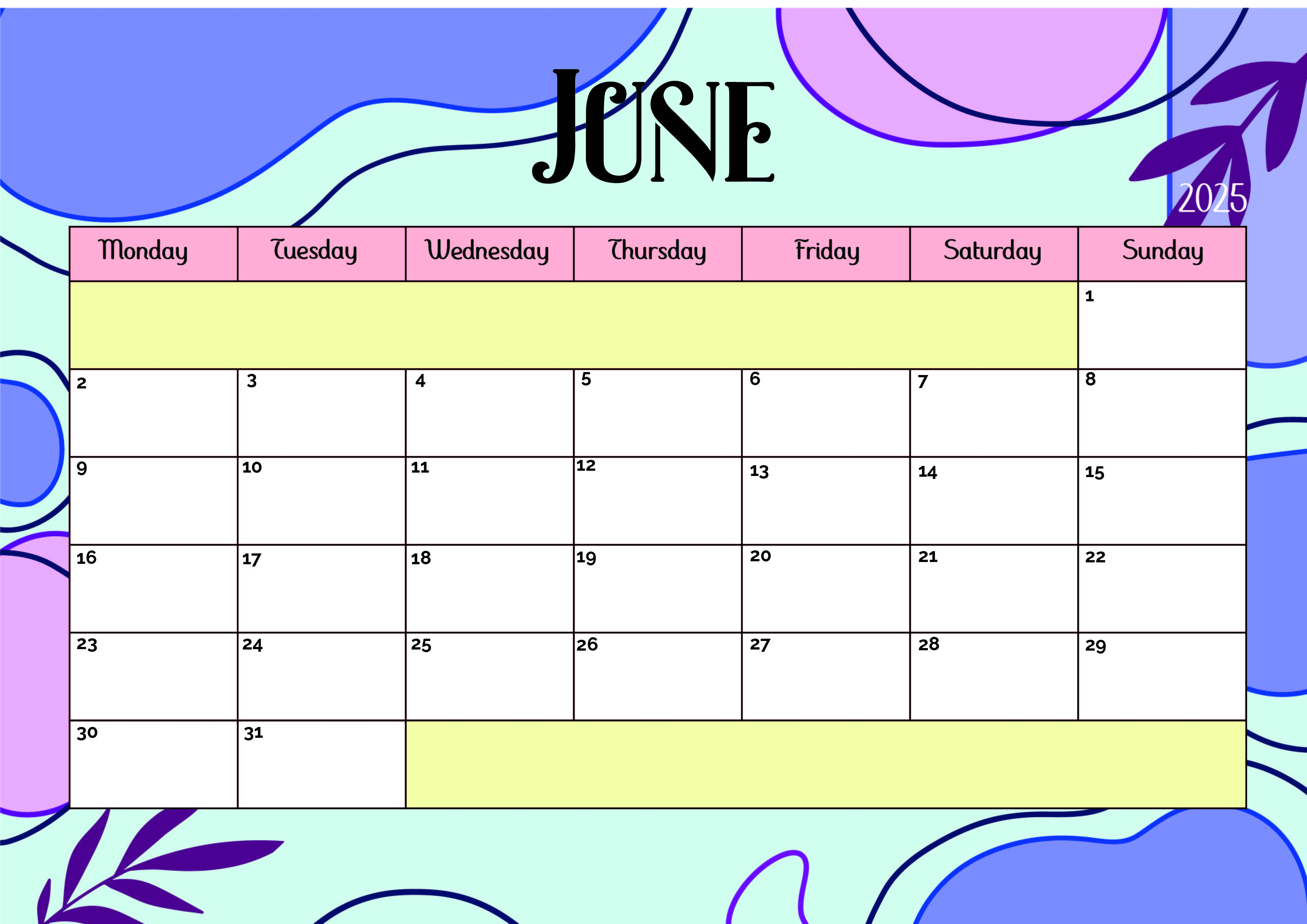 June 2025 Calendar for Printing in PDF