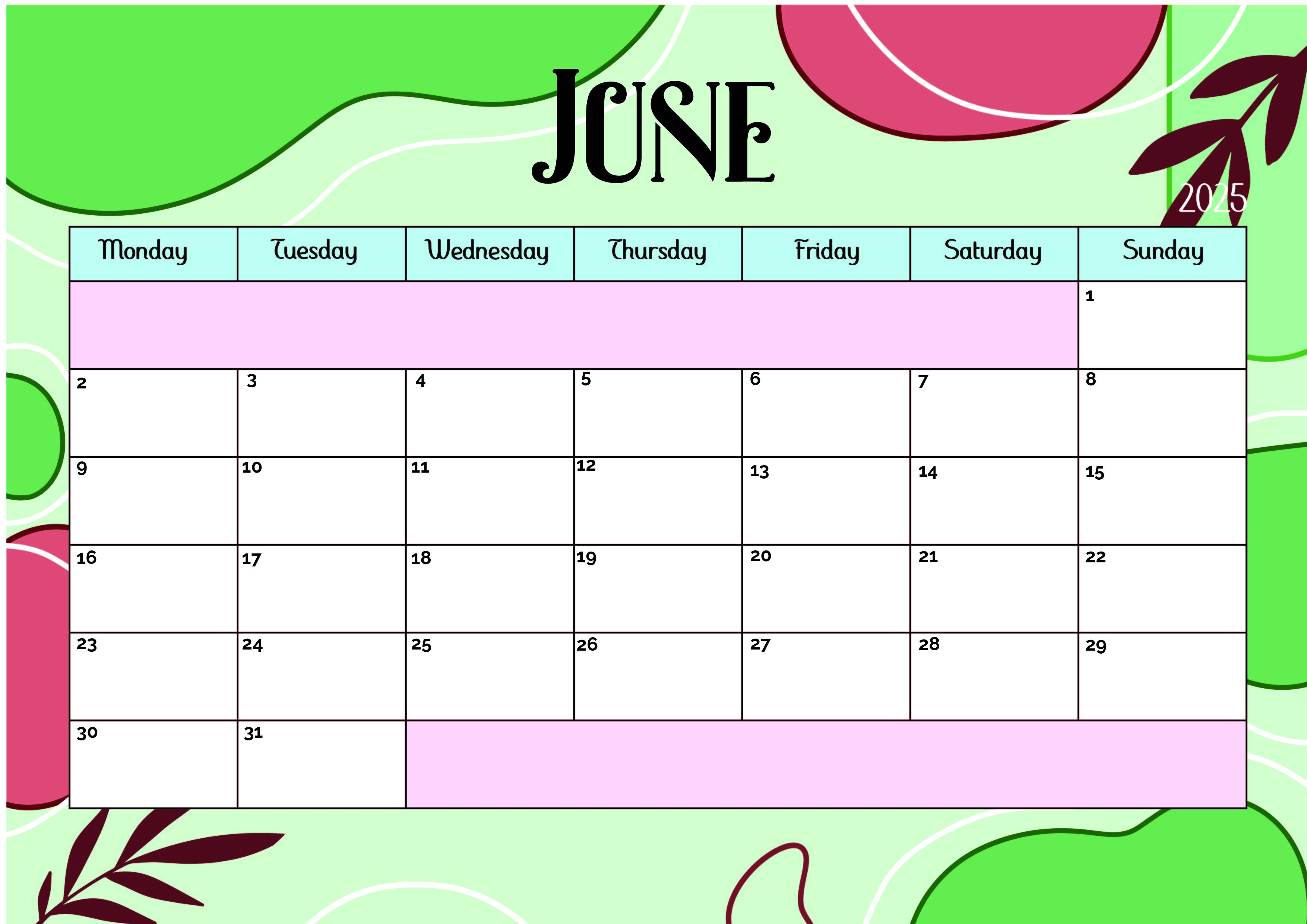 June 2025 Calendar for Printing