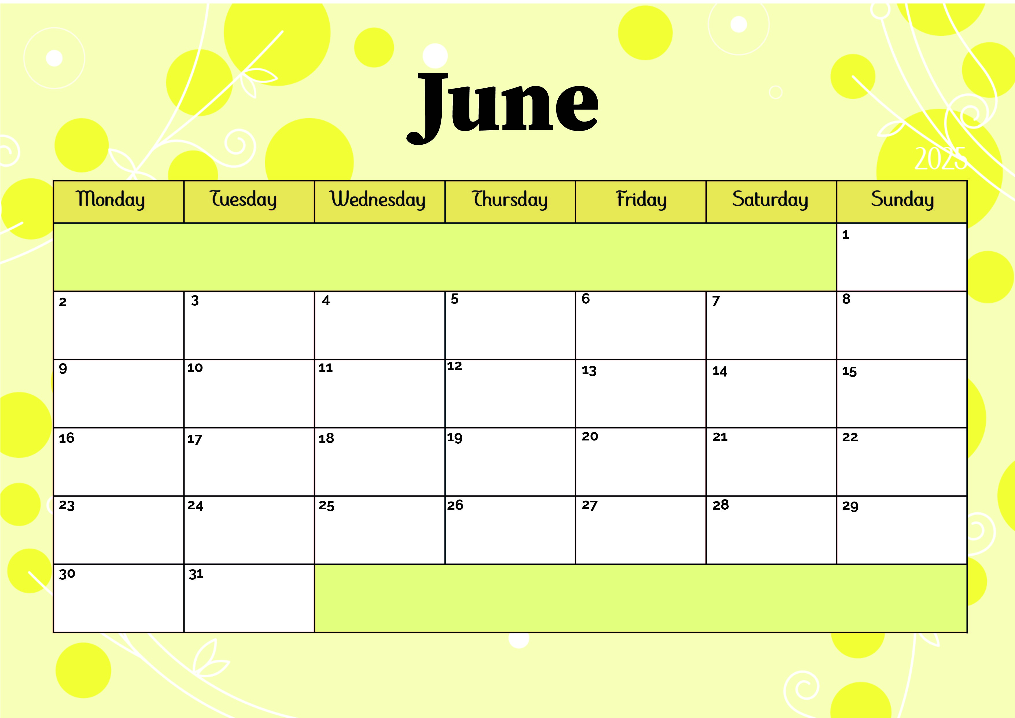 June 2025 Calendar for Printing in PDF