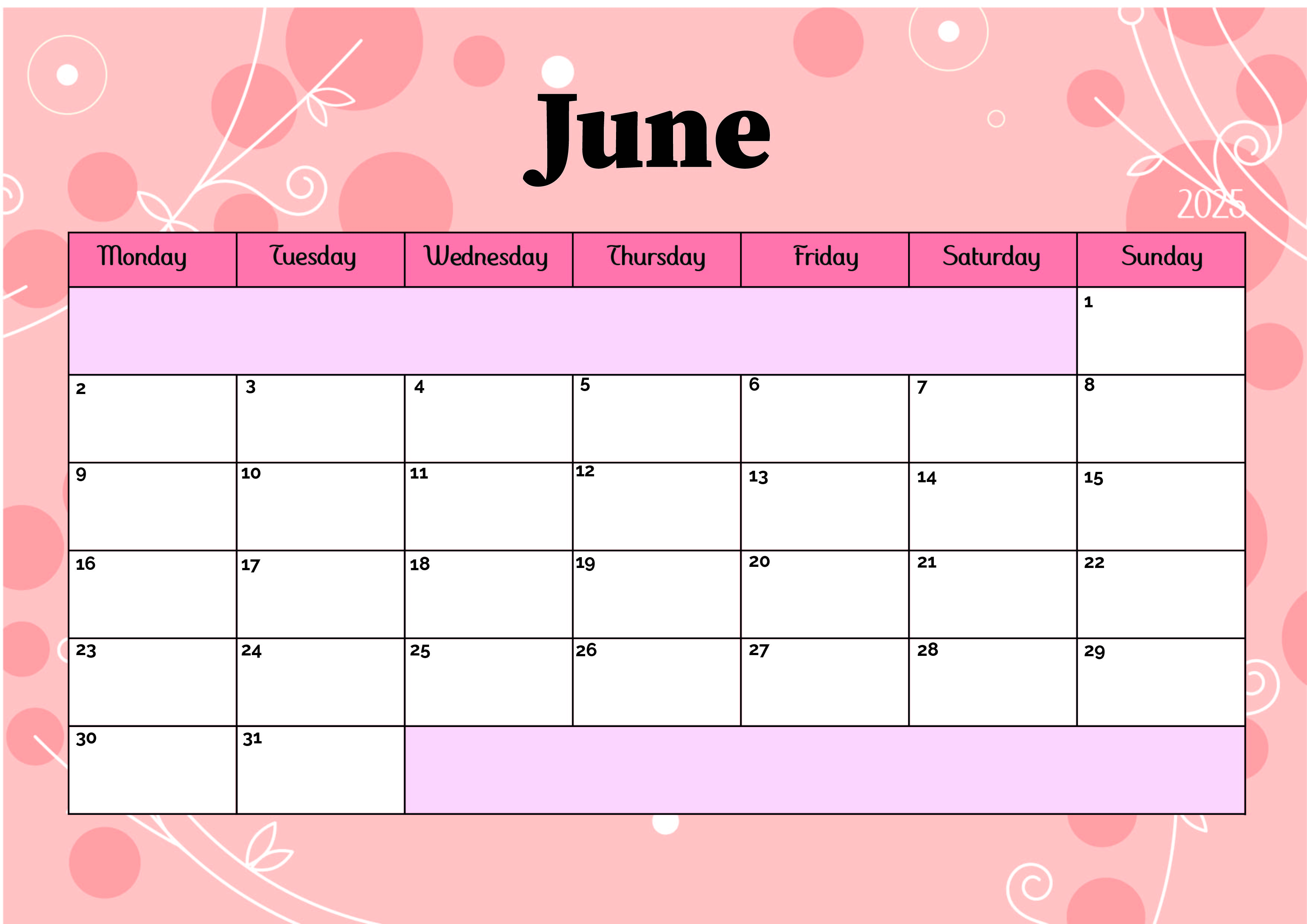 June 2025 Calendar for Printing in PDF