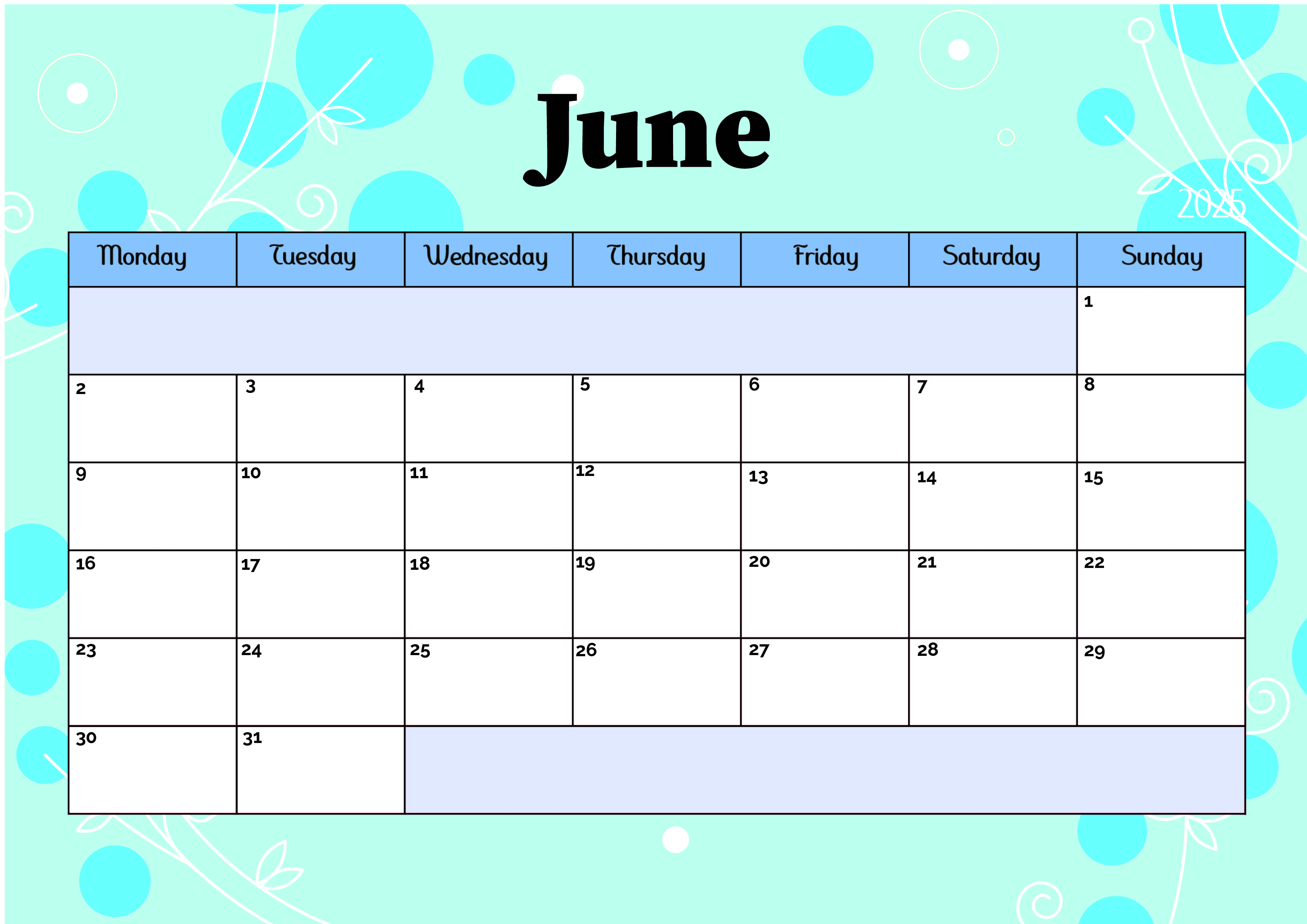 June 2025 Calendar for Printing