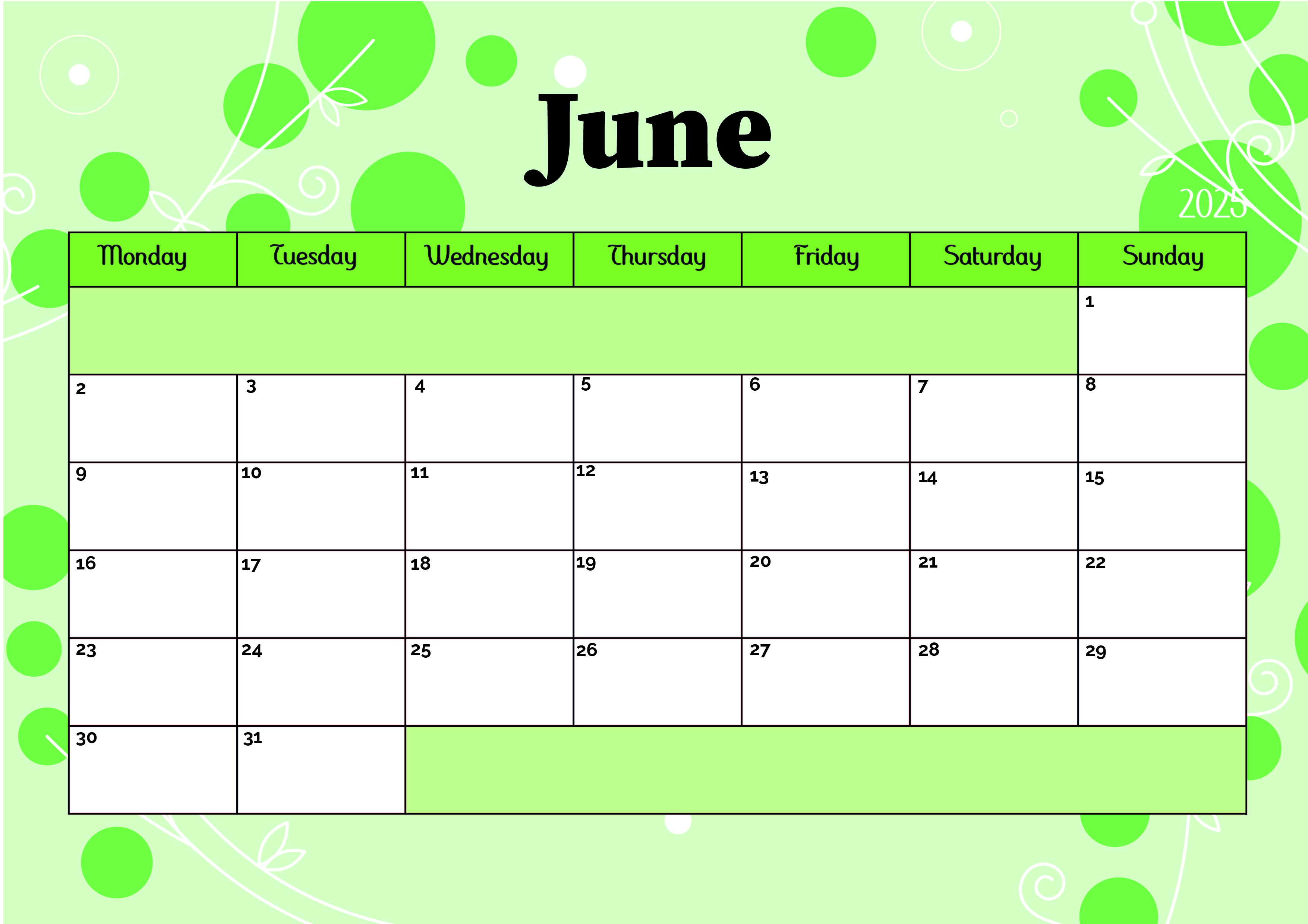 June 2025 Calendar for Printing