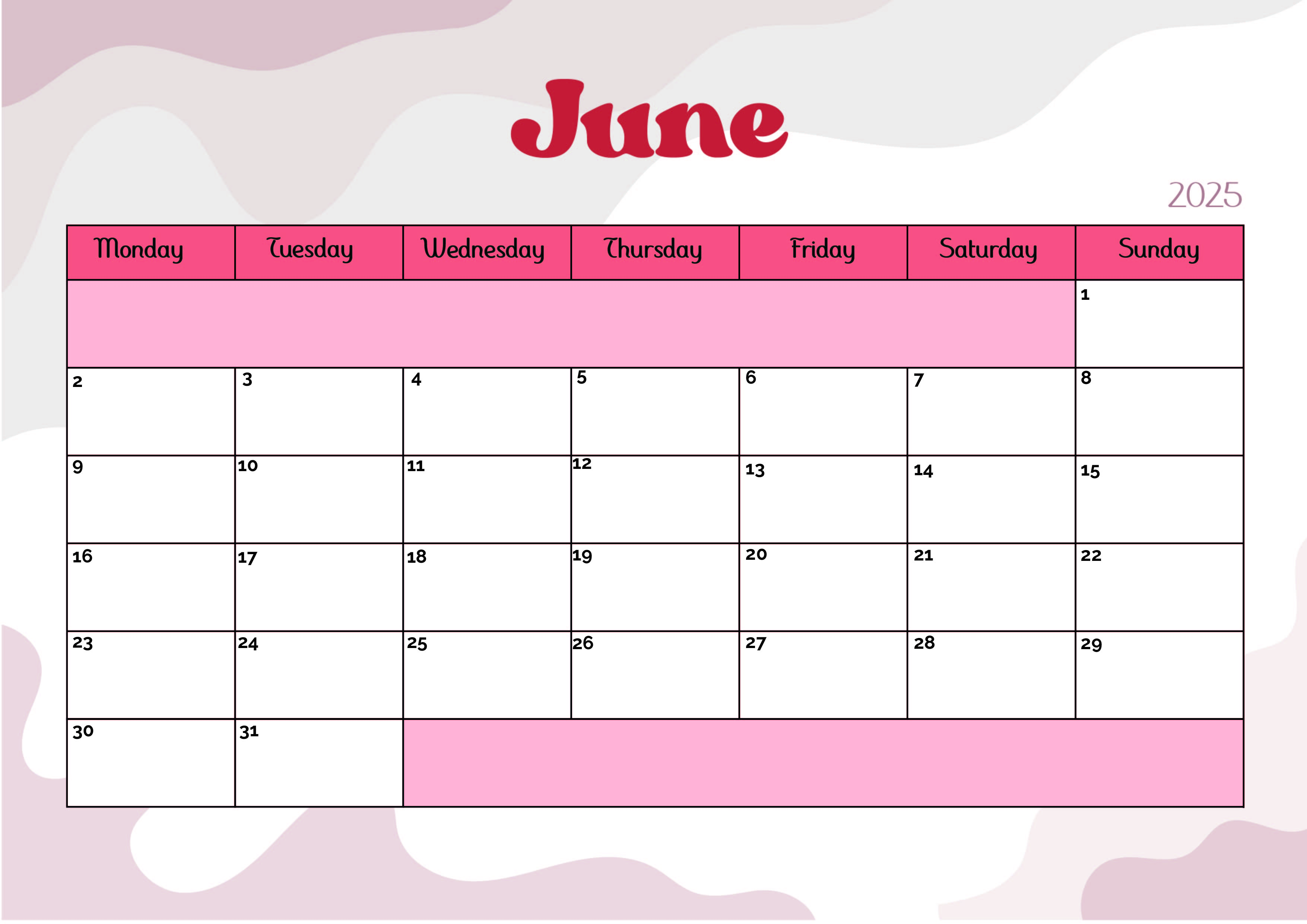 June 2025 Calendar for Printing in PDF