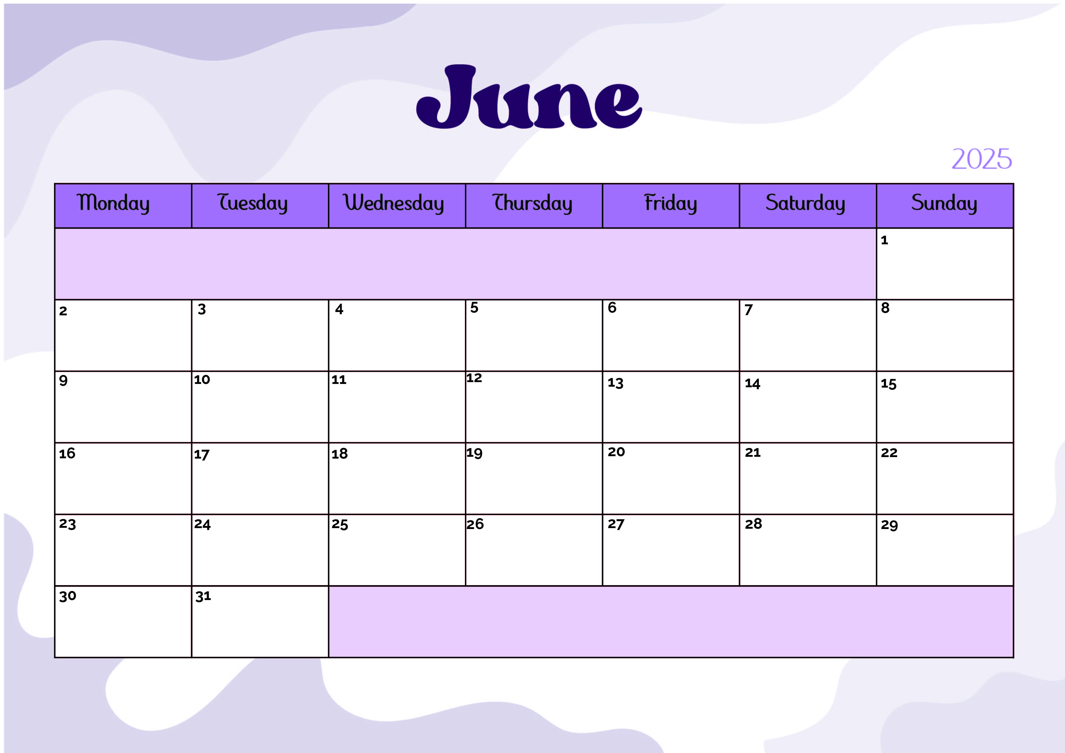 June 2025 Calendar for Printing in PDF