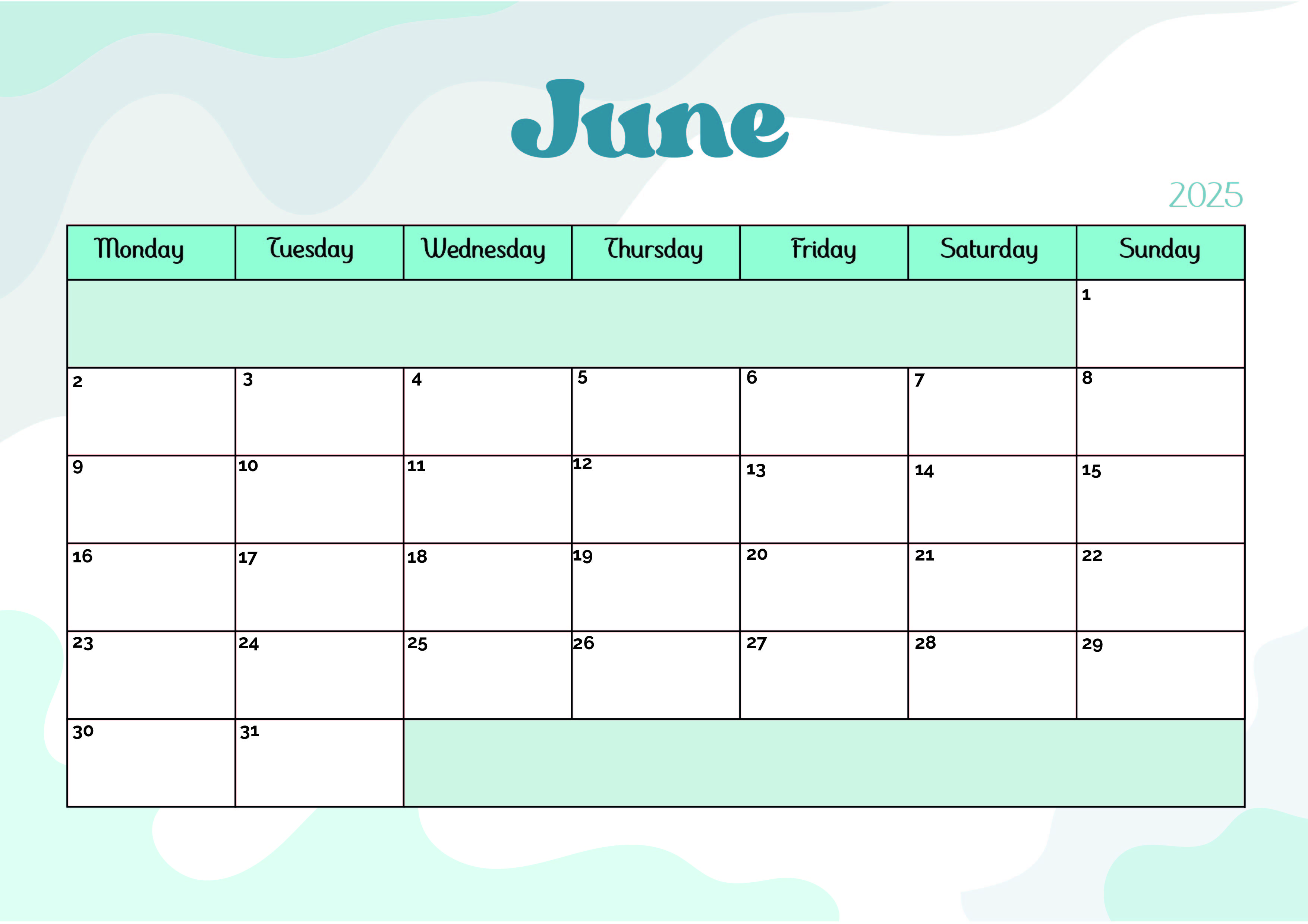 June 2025 Calendar for Printing