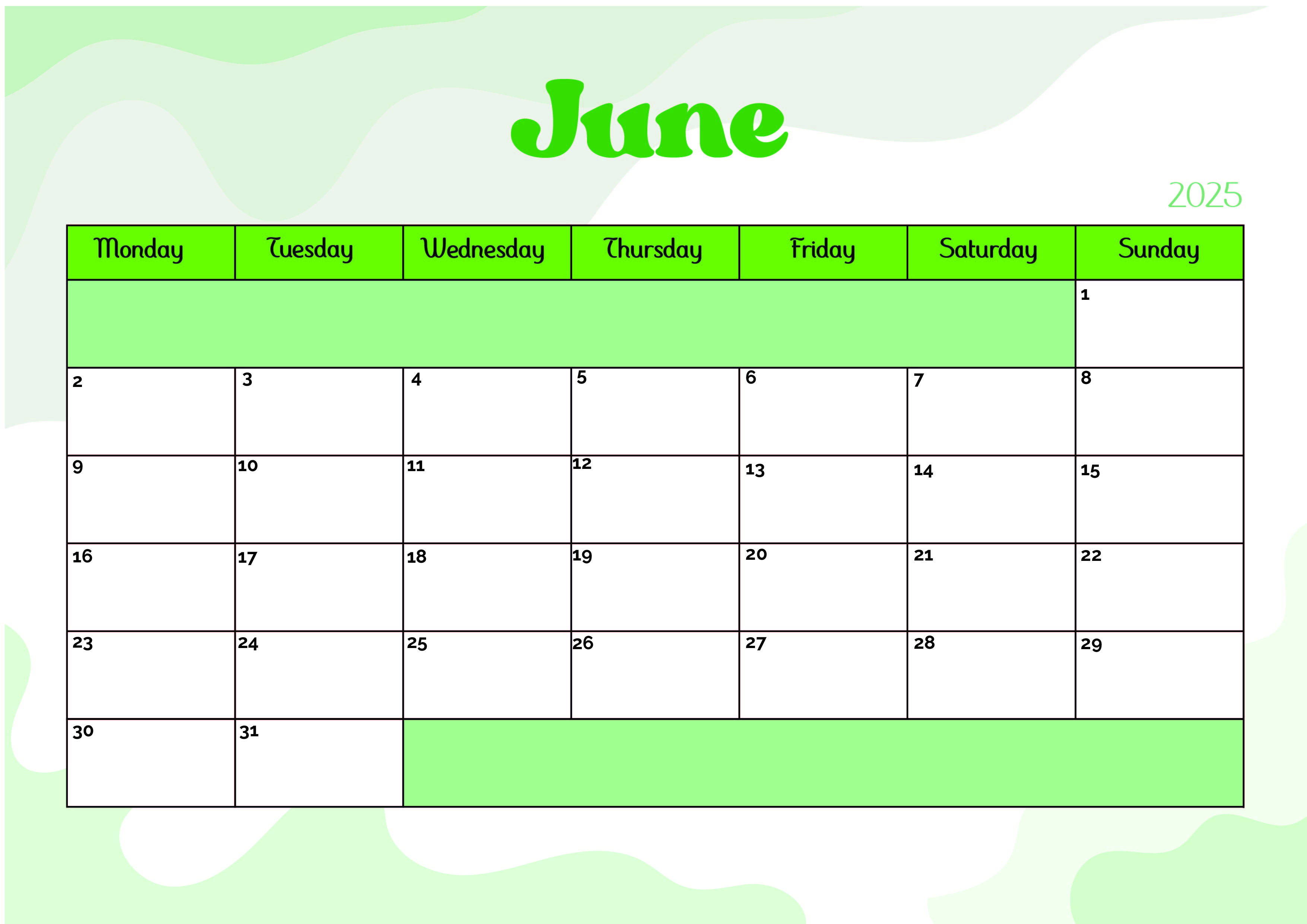 June 2025 Calendar for Printing