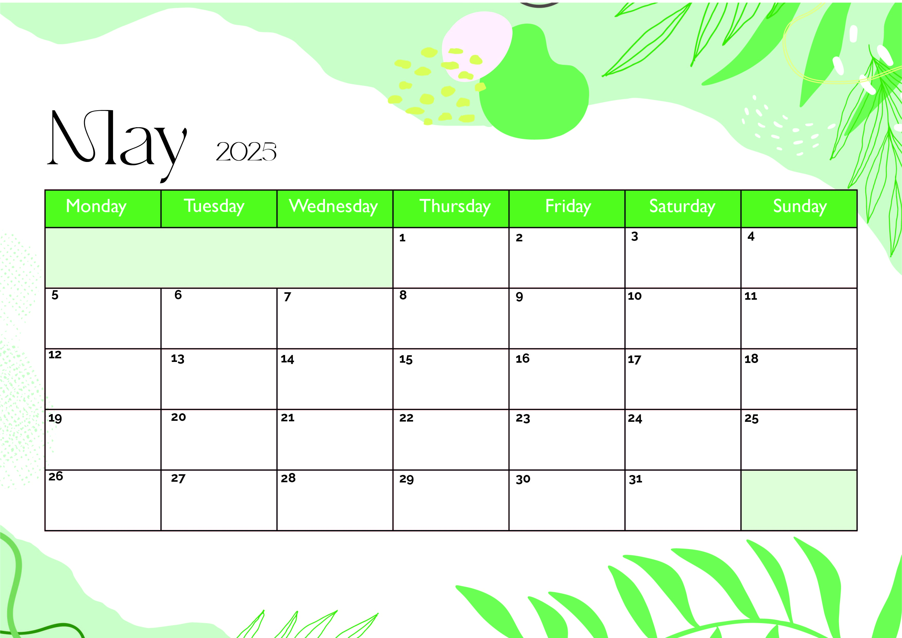 May 2025 Calendar for Printing in PDF