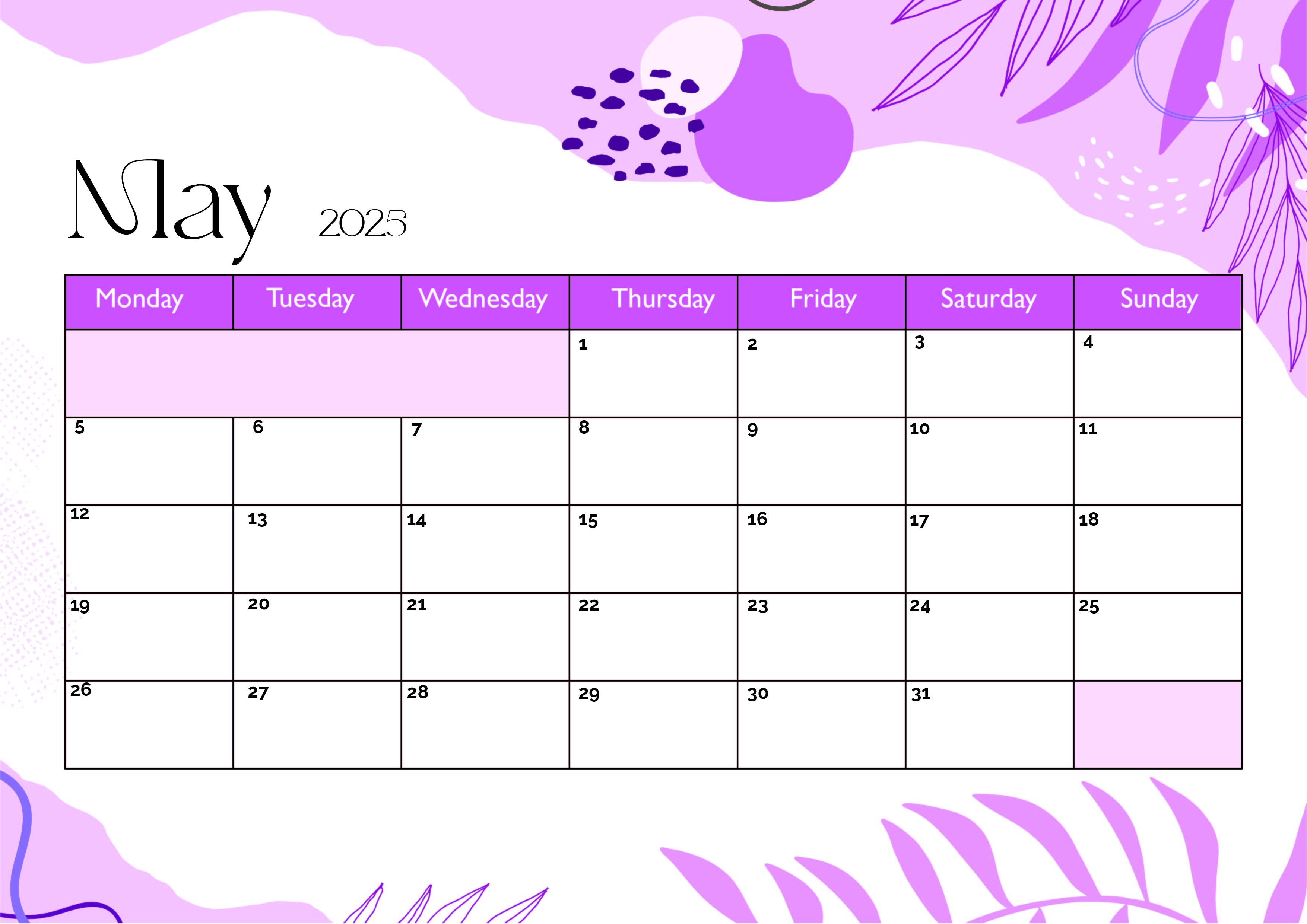 May 2025 Calendar for Printing