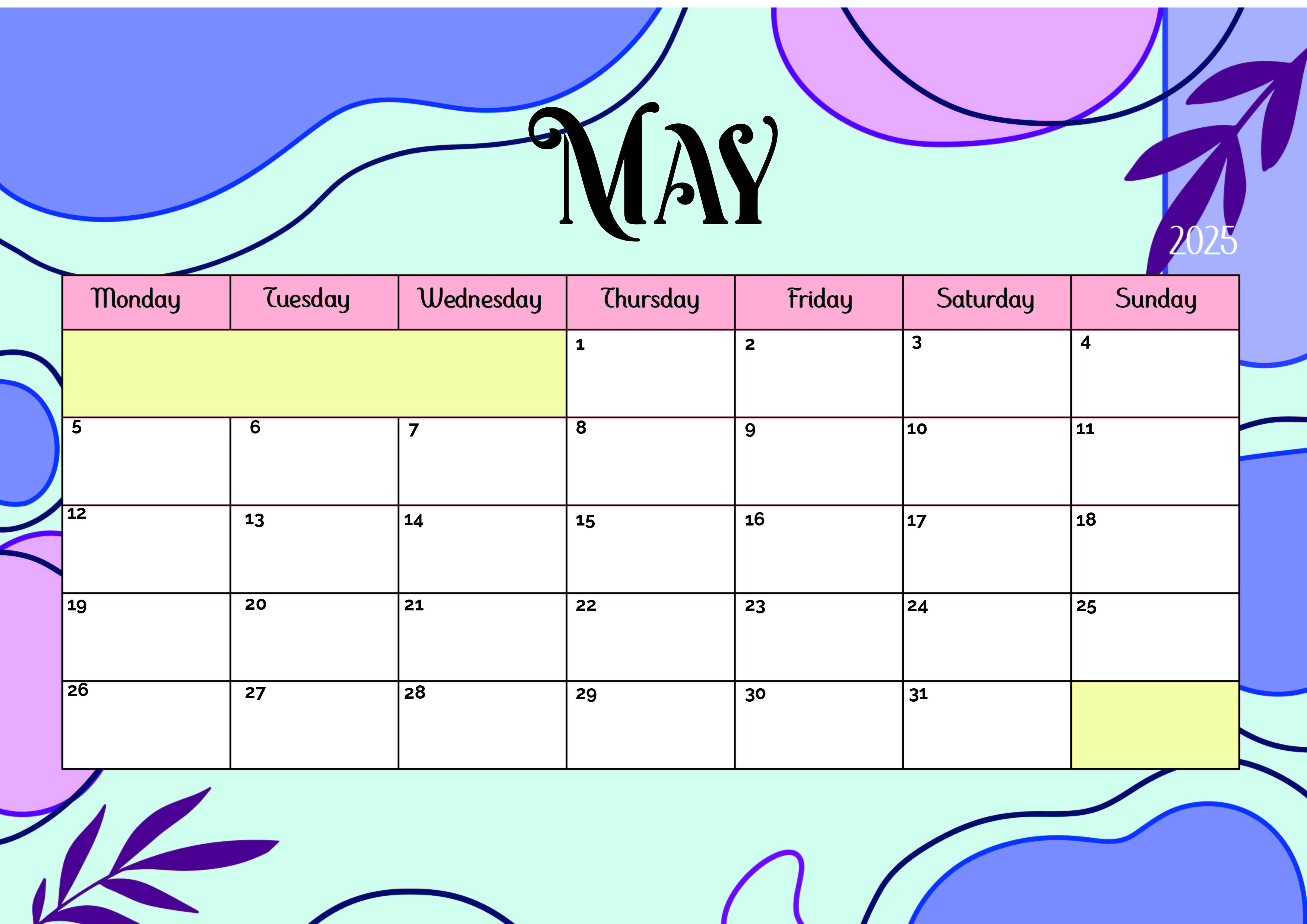 May 2025 Calendar for Printing in PDF