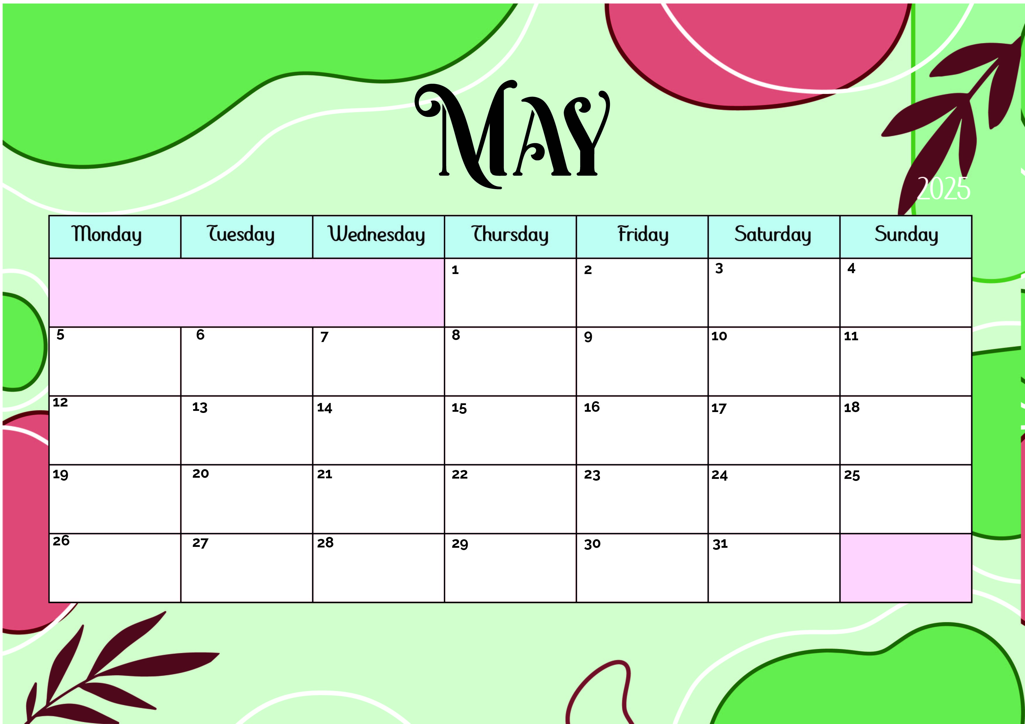 May 2025 Calendar for Printing