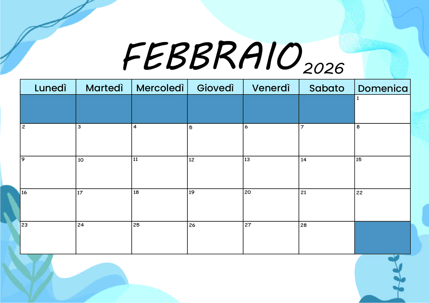 Calendario Febbraio 2026 da stampare