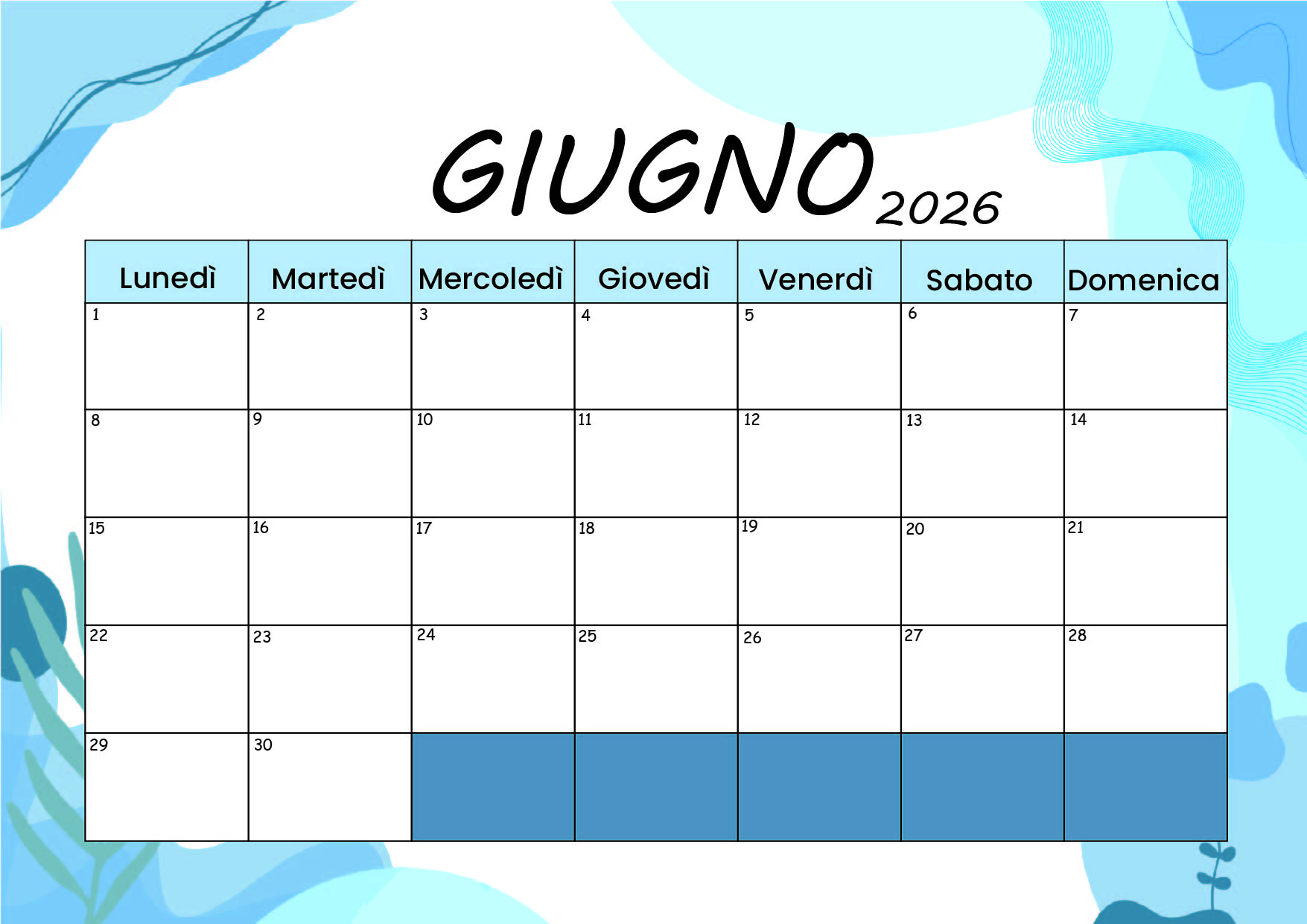 Calendario Giugno 2026 da stampare