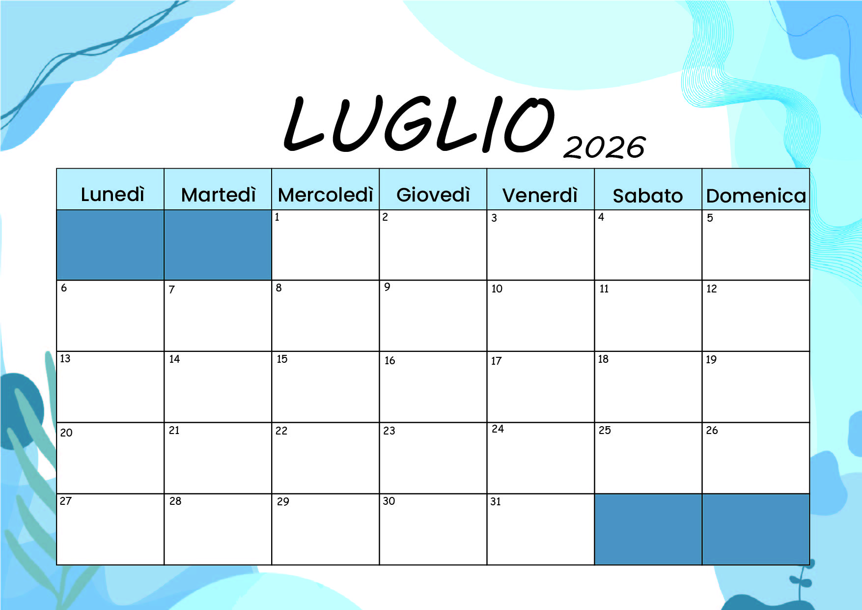 Calendario di Luglio 2026 da stampare in PDF