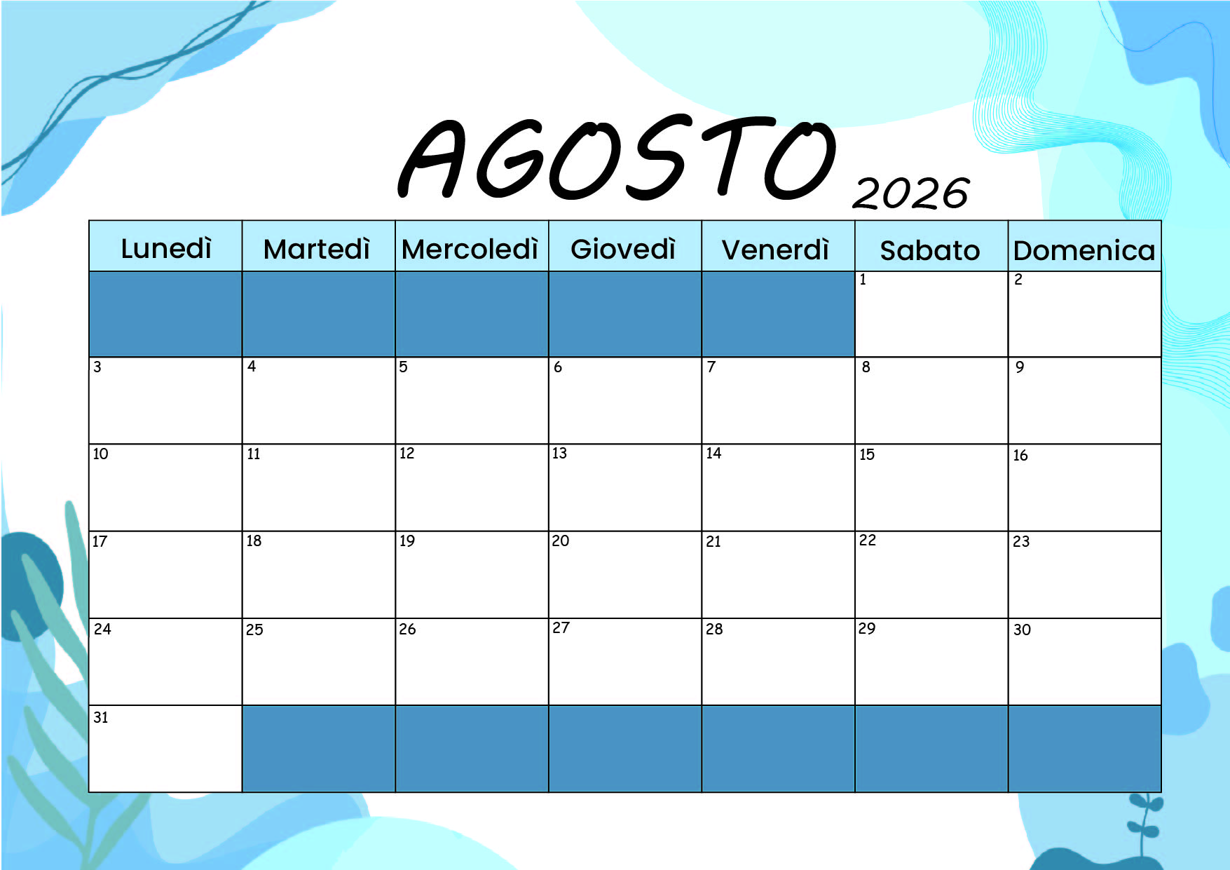 Calendario Agosto 2026 da stampare