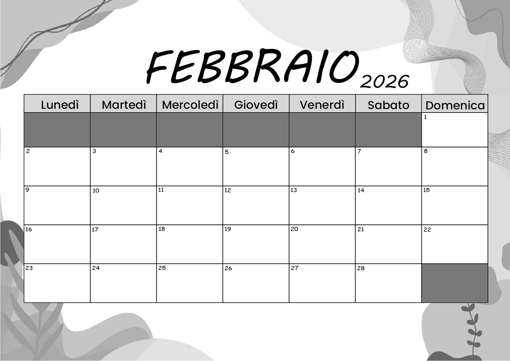 Calendario Febbraio 2026 da stampare