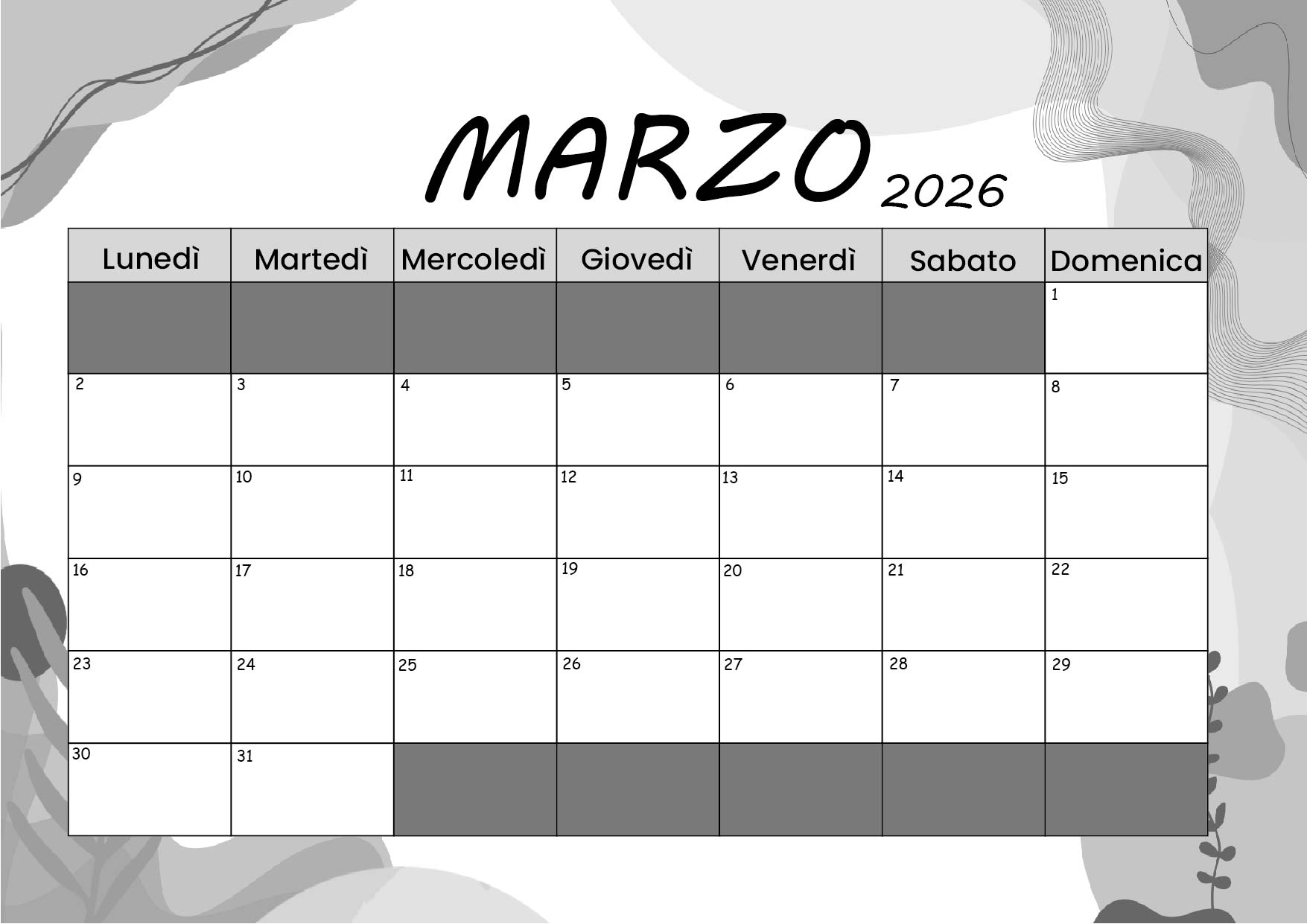 Calendario Marzo 2026 da stampare