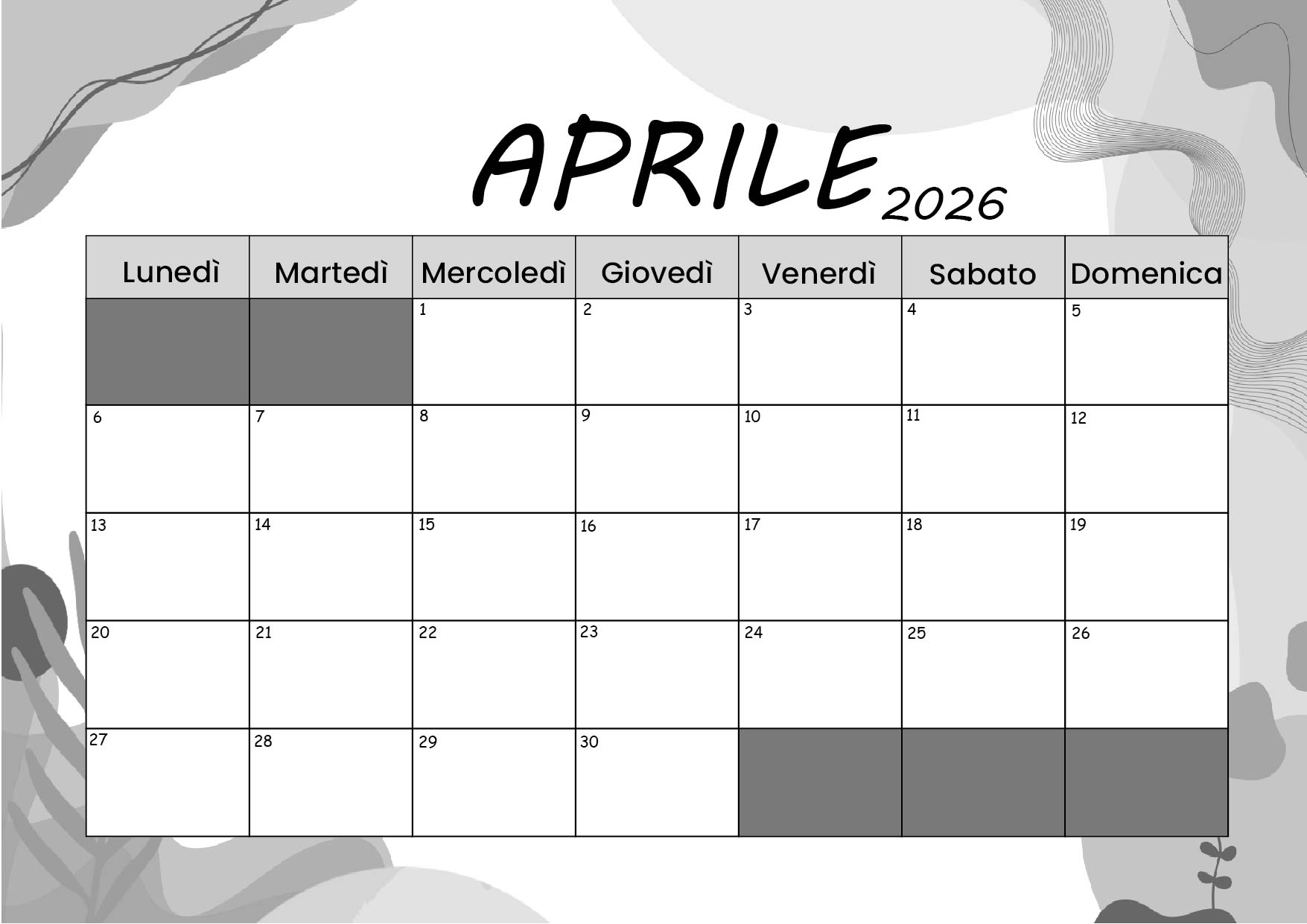 Calendario Aprile 2026 da stampare