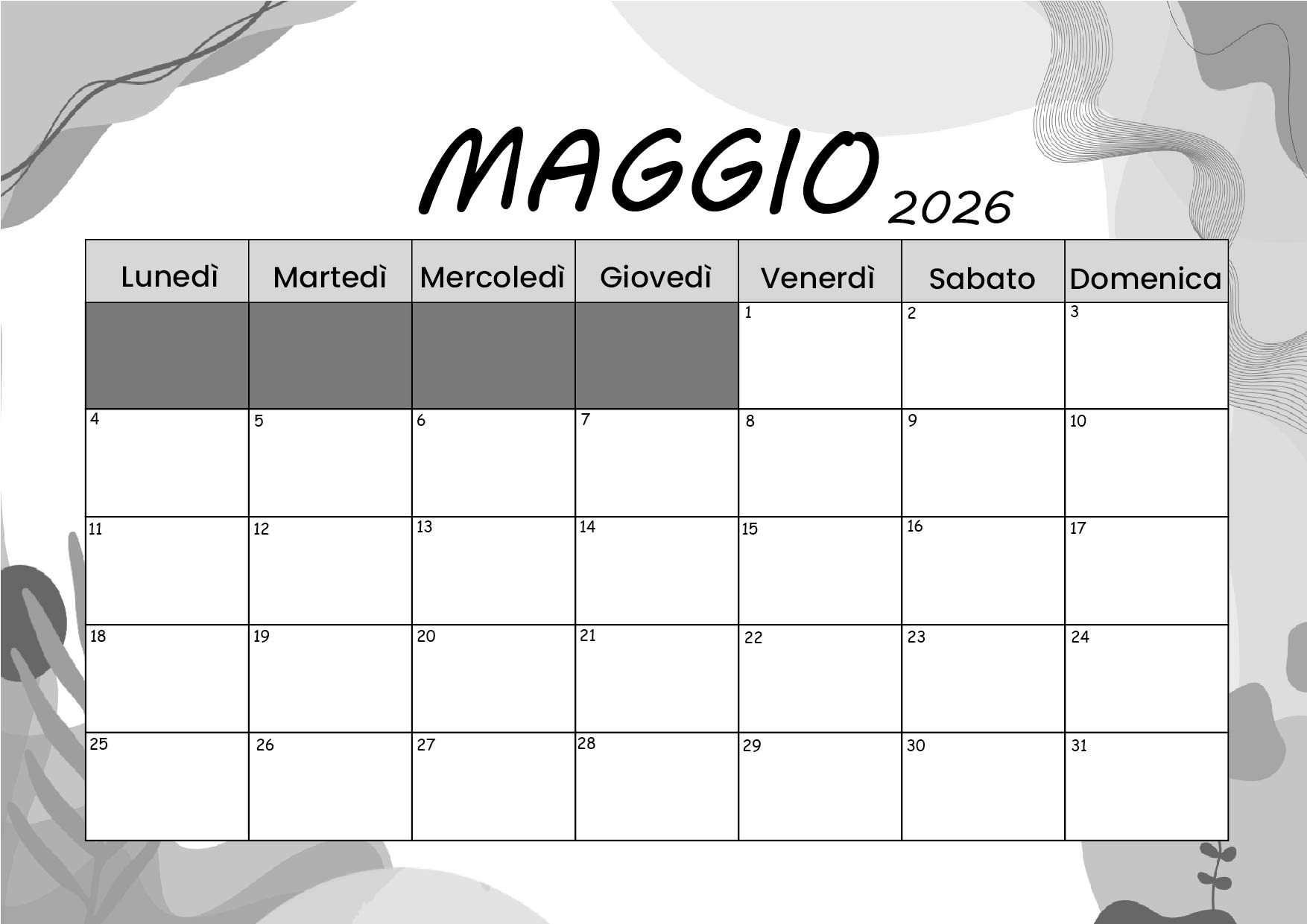 Calendario Maggio 2026 da stampare